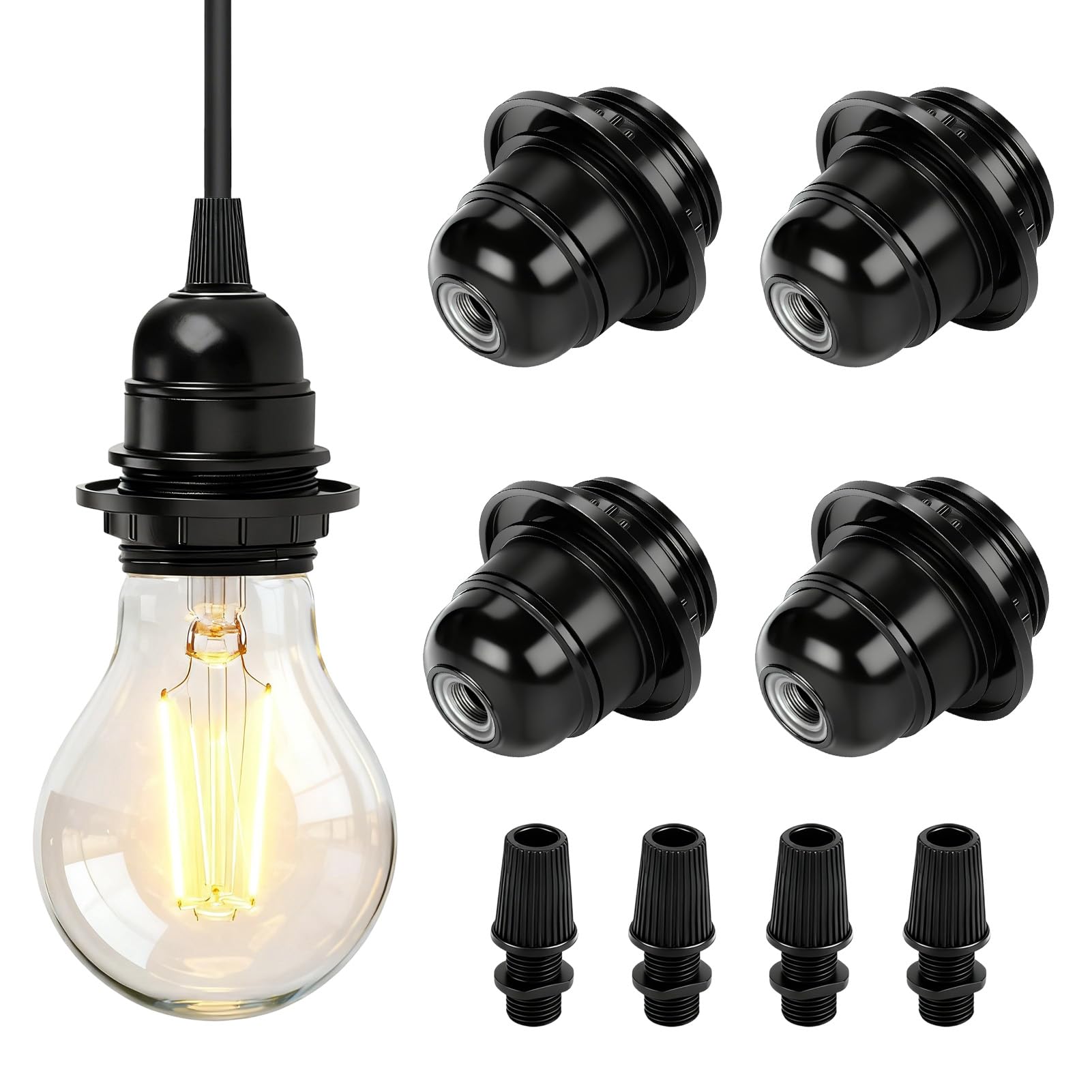 4 Stück E27 Fassung 250V 4A, Lampenfassung E27 mit Gewinde und Schirmträgerring, Glühbirnenfassung Bakelit, Ersatz Lampensockel für Tischlampe Stehlampe und Deckenleuchte