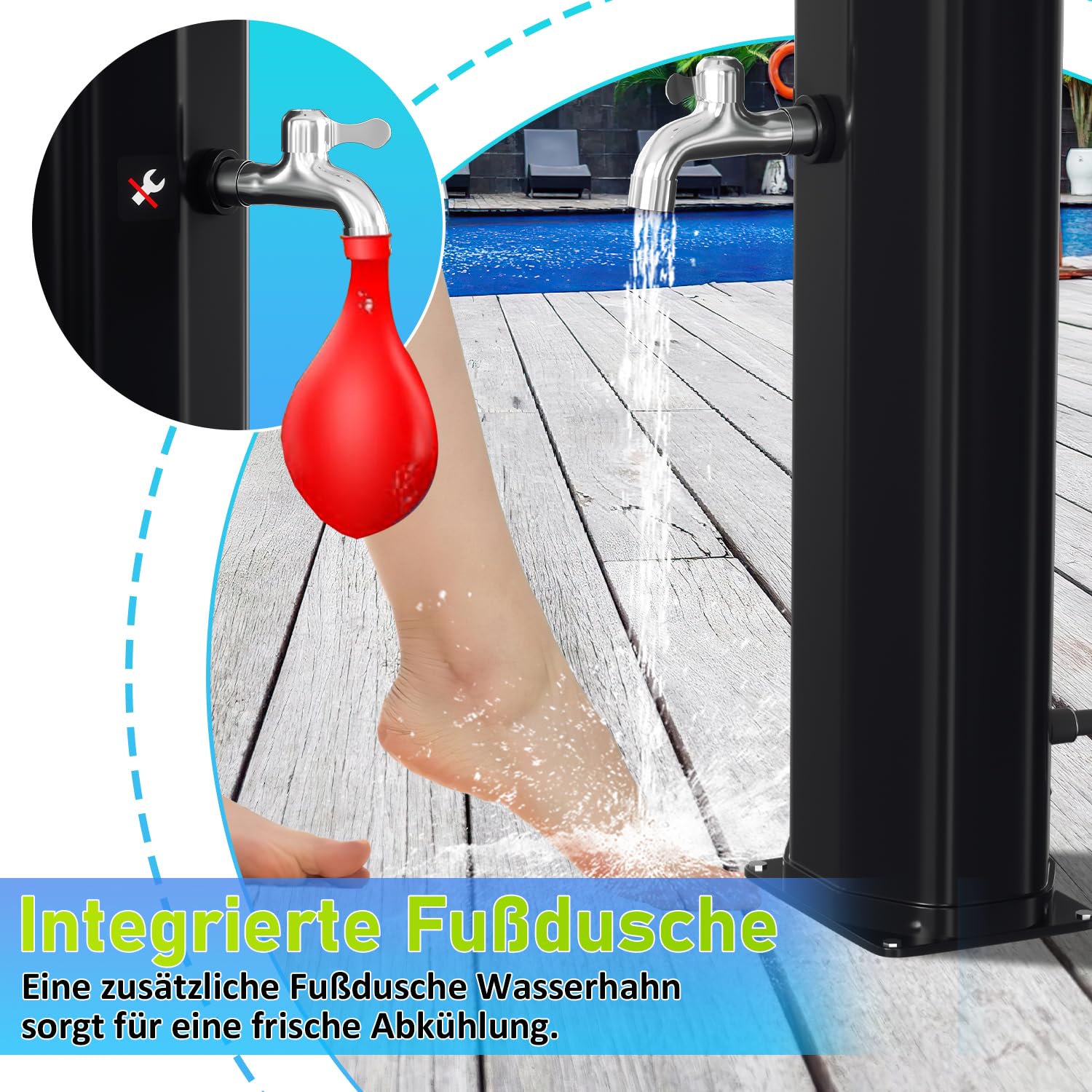 Ducha Solar de 35 litros de Ducha de jardín con Tapa Protectora, Cabezal de Ducha orientable de 180°, Ducha de pies integrada, máx. 60 °C sin conexión de Electricidad