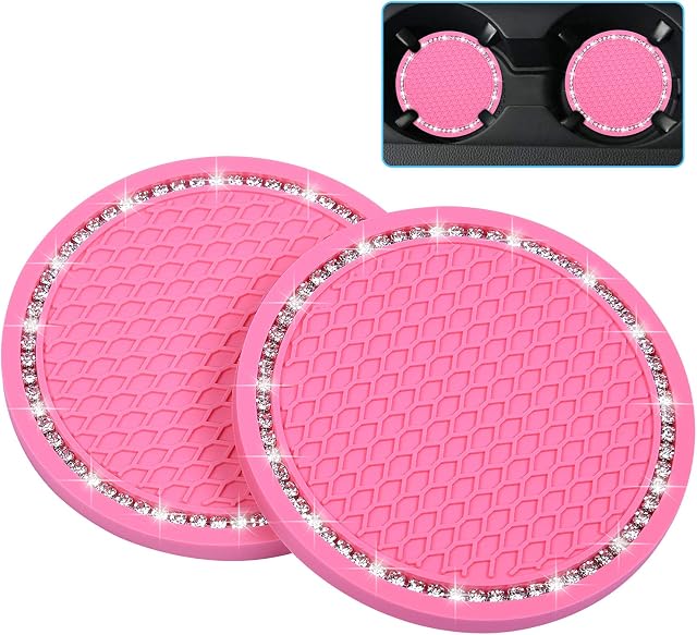 Wisdompro Bling Car Coasters, 2 Pack PVC Car Cup Holder Auto Insert Coaster - Anti Slip Universal Vehicle Interior Girly Car Accessories Sparkly Crystal Cup Mats for Girls, Women(2.75" Diameter) Pink