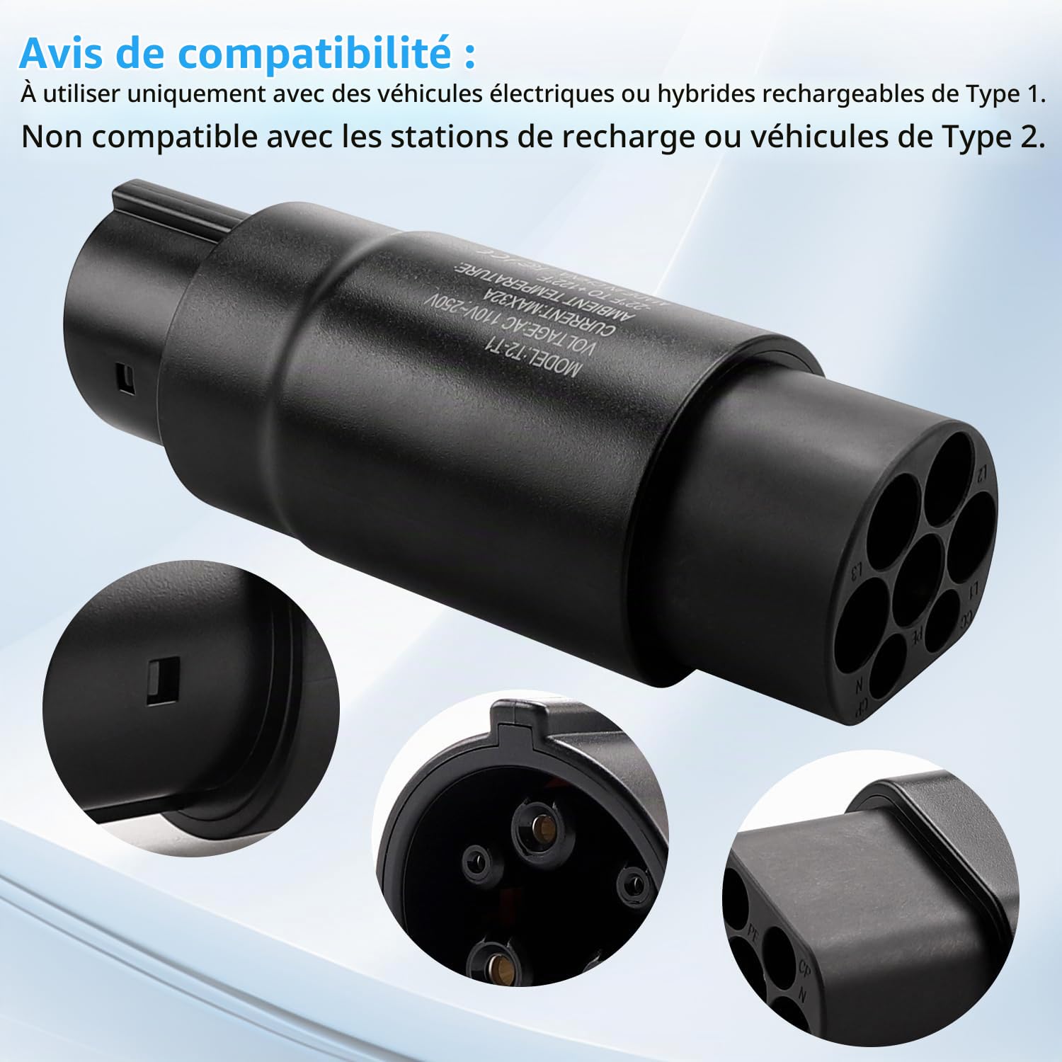 Erato Type 2 vers Type 1 Adaptateur de Recharge pour Véhicule Électrique | IEC 62196 vers SAE J1772 Convertisseur 32A Adaptateur de Charge AC 110V-250V pour Voitures Électriques