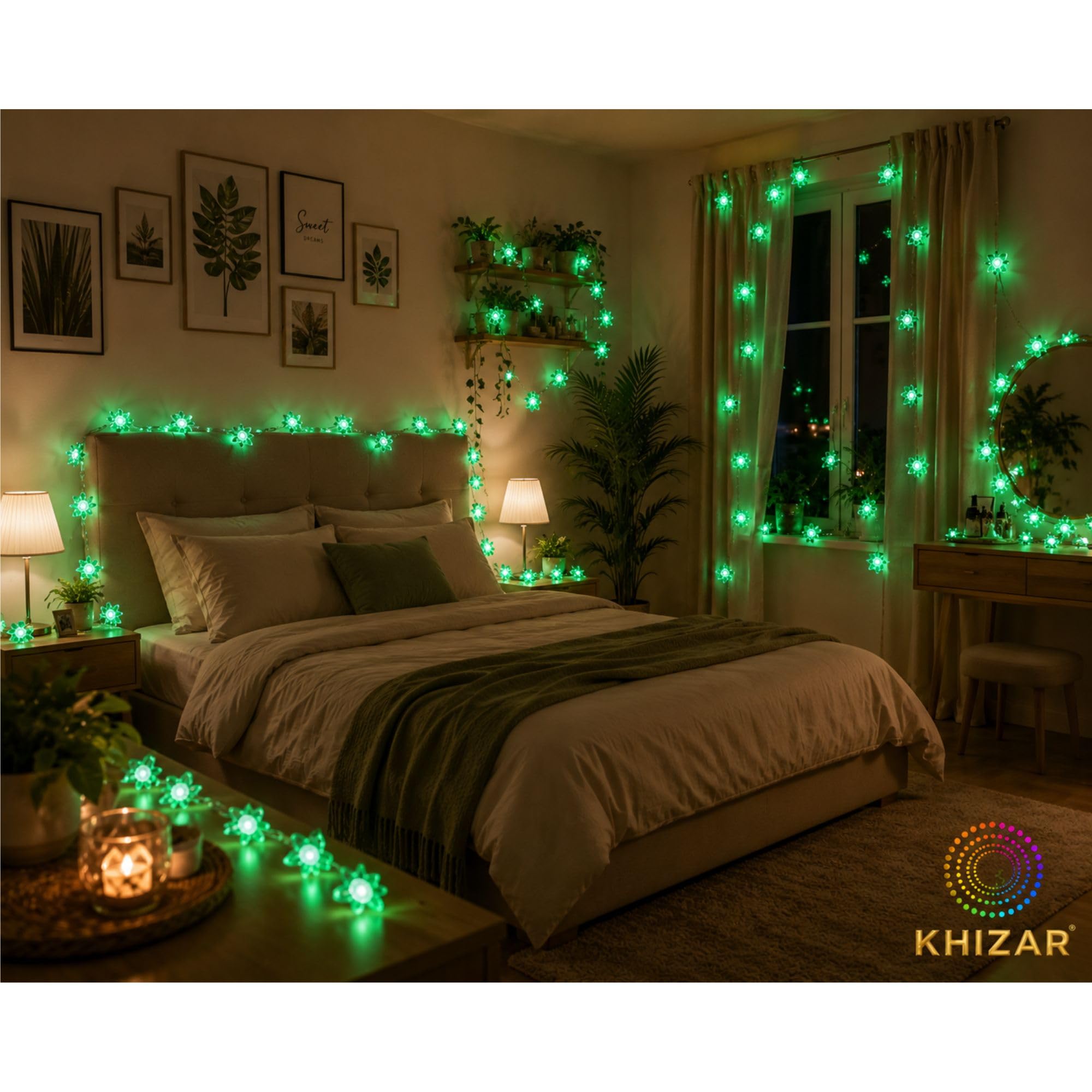 KHIZAR LED String Lights for Decoration, Fairy Curtain & Hanging Lights for Bedroom, Ramadan, Eid, Festival & Home Wall Decor (Green Flower) 1