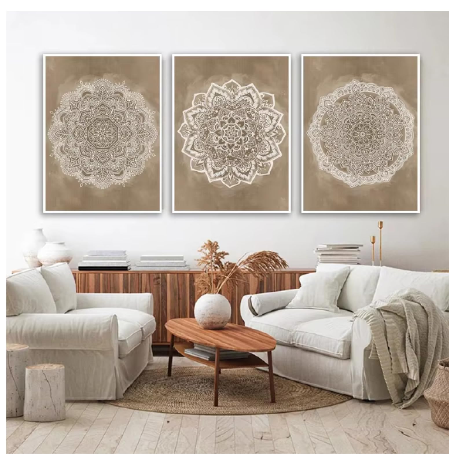 Peinture sur toile HD Mandala bohème marron triptyque de haute précision pour salon