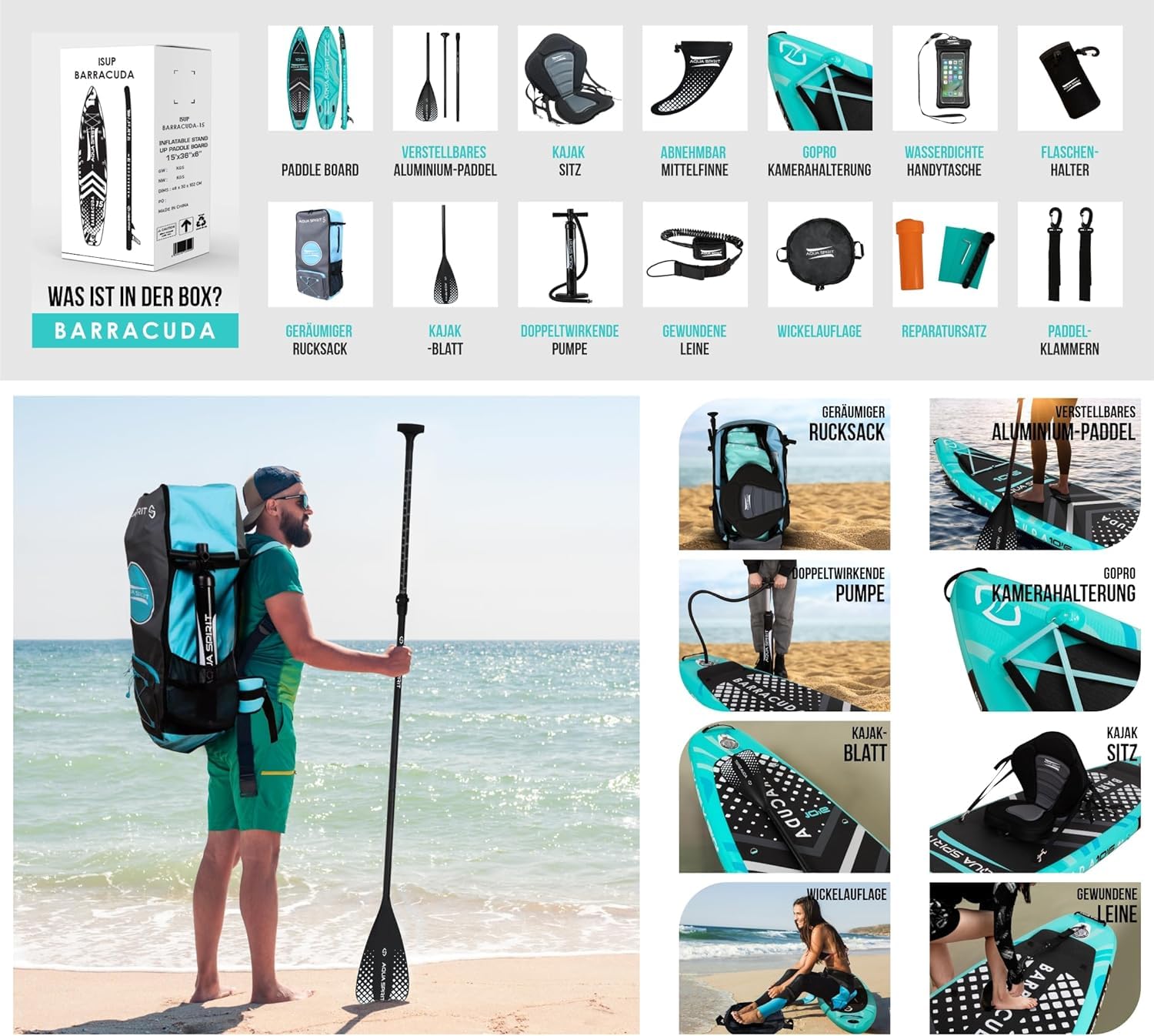 Aqua Spirit SUP Aufblasbares Stand-Up Paddle Board 2024 | 320x81x15cm | Kompletter Kajak-Umbausatz mit Paddel, Rucksack, Pumpe und weiterem Zubehör | Erwachsene Anfänger/Experten | 2 Jahre Garantie
