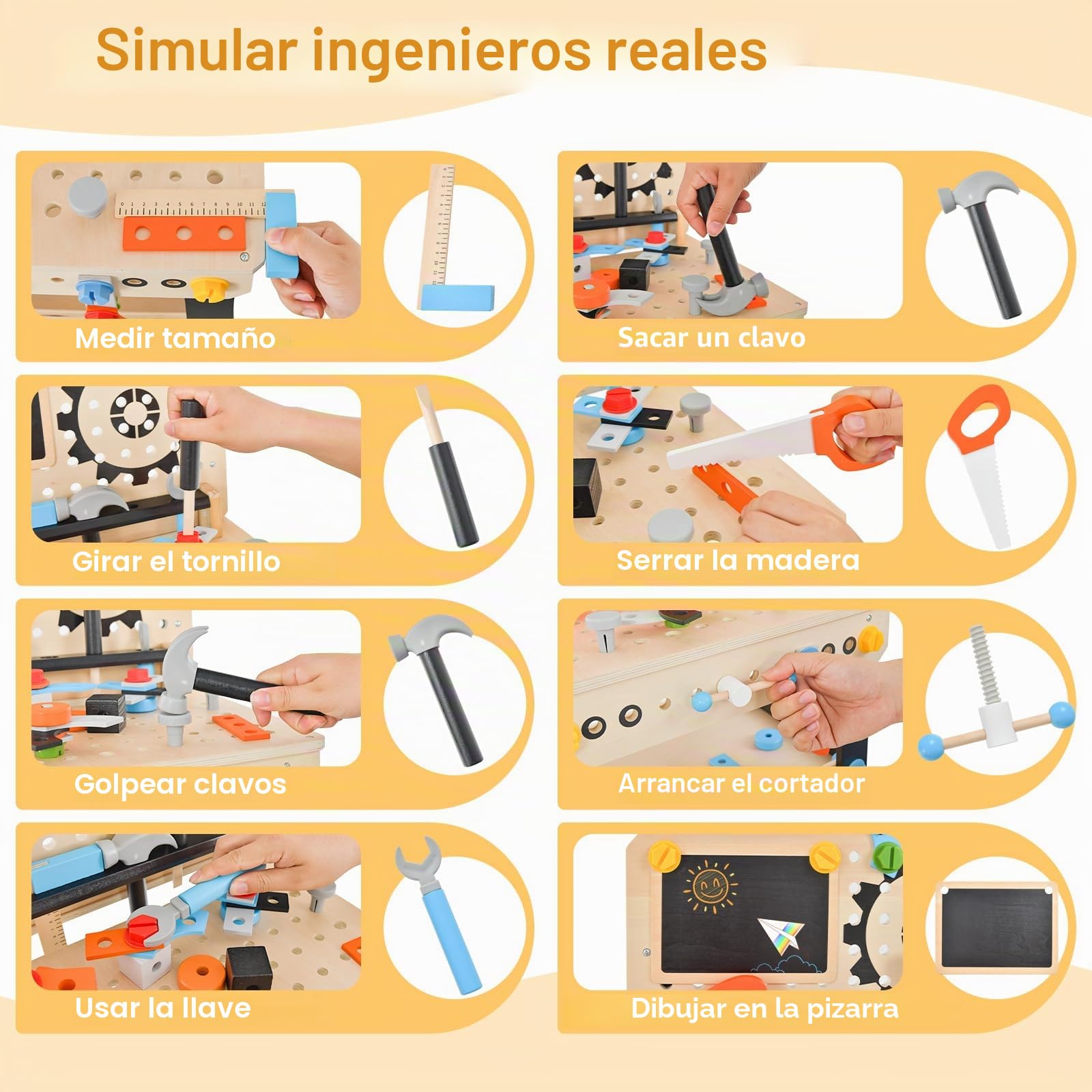 RELAX4LIFE Banco De Trabajo Infantil De Madera Con Pizarra – 8 Herramientas Y 53 Accesorios Para Niños De 3 A 6 Años