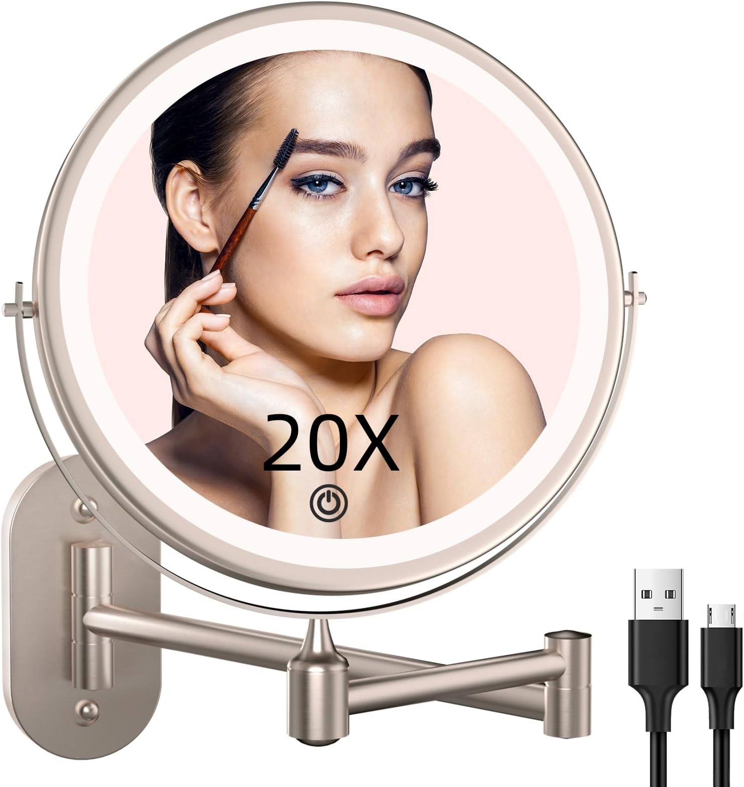 Rechargeable Wall Mounted Lighted Makeup Vanity Mirror 8 inch 1X/10X Magnifying Mirror with 3 Color Lights, Double Sided Bathroom Mirror with Dimmable LED Lights, Shaving Light up Mirror Brush Nickel