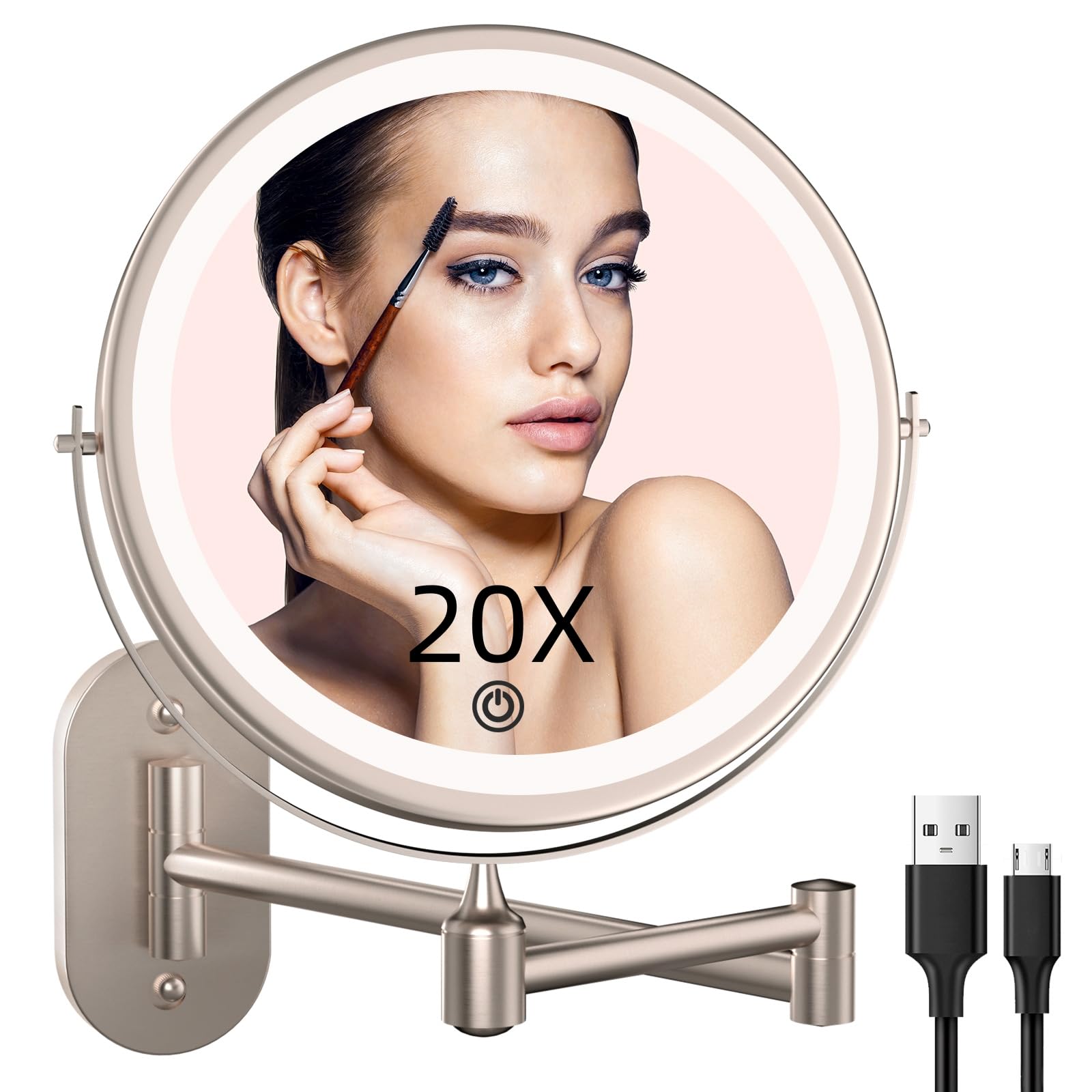 Rechargeable Wall Mounted Lighted Makeup Vanity Mirror 8 inch 1X/10X Magnifying Mirror with 3 Color Lights, Double Sided Bathroom Mirror with Dimmable LED Lights, Shaving Light up Mirror Brush Nickel