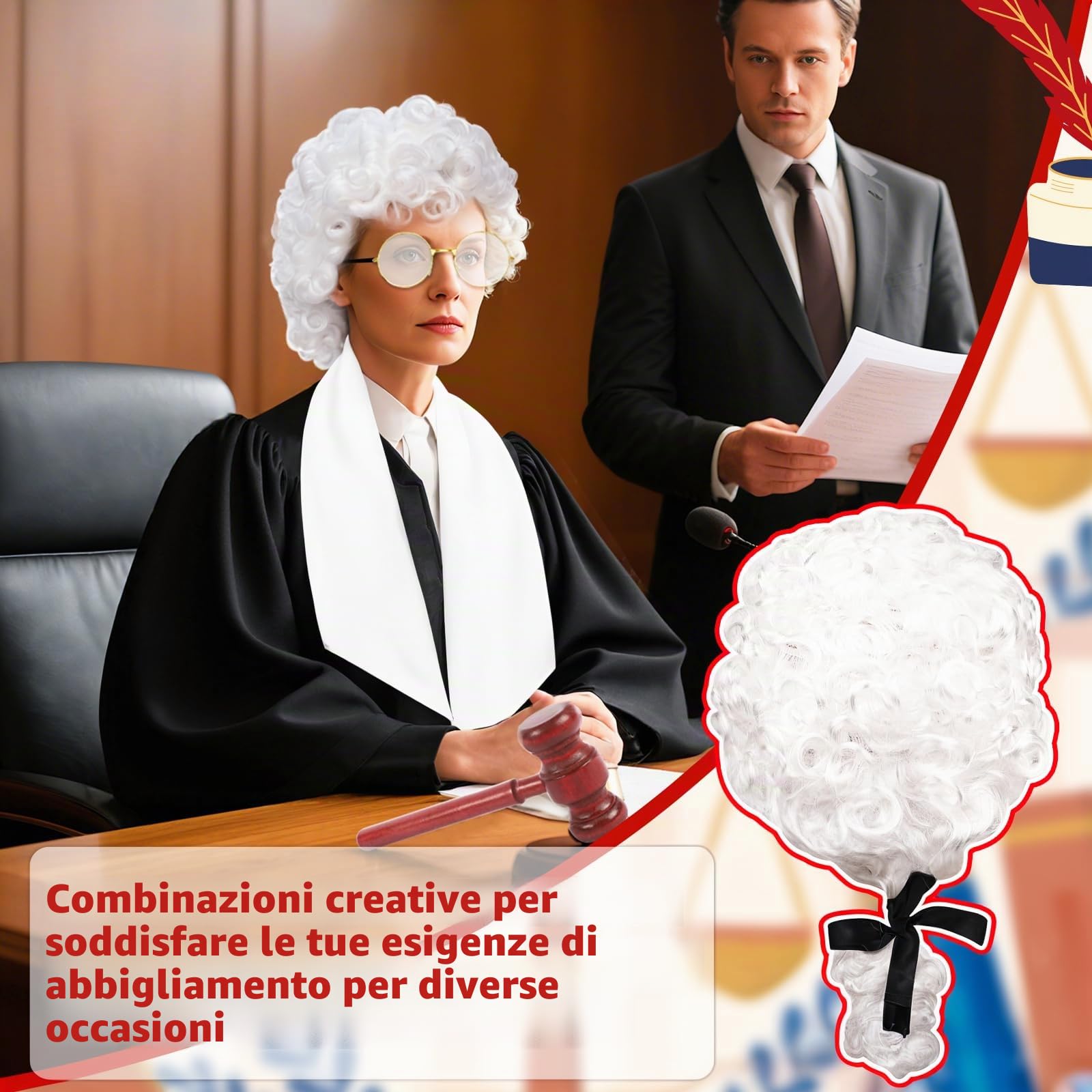 Set di Costumi da Giudice in 7 Pezzi per Adulti, Kit di Abbigliamento Elegante da Avvocato con Parrucca, Toga, Occhiali, Guanti, Martelletto, Collo e Spilla per Cosplay da Tribunale, Trucco e