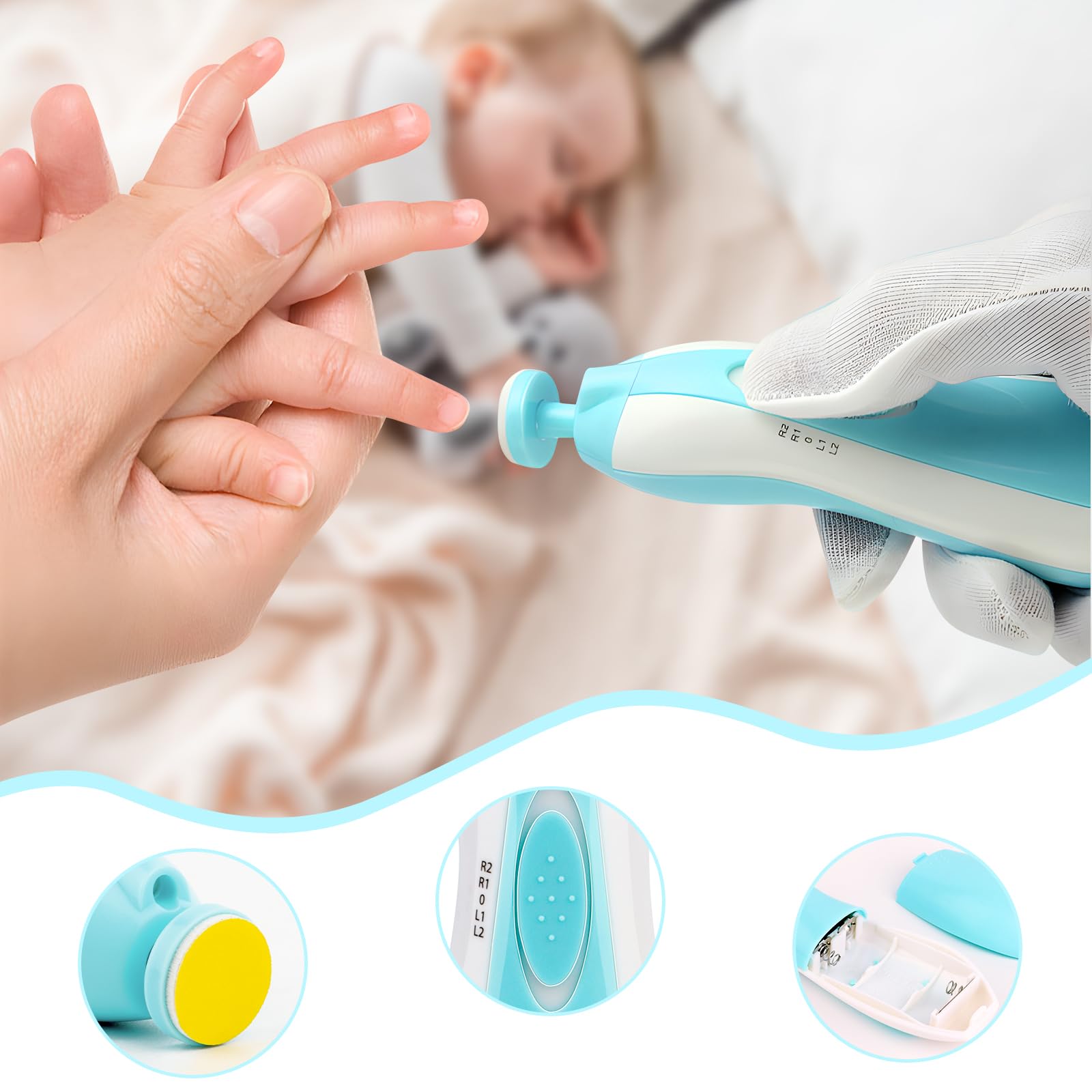 Lima per Unghie Elettrica per Bambini, 14 in 1 Kit Lima Per Unghie Per Bambini, Lima Elettrica per Unghie Neonato con 12 Testina di Ricambio, per Unghie, Manicure e Pedicure a Basso Rumore
