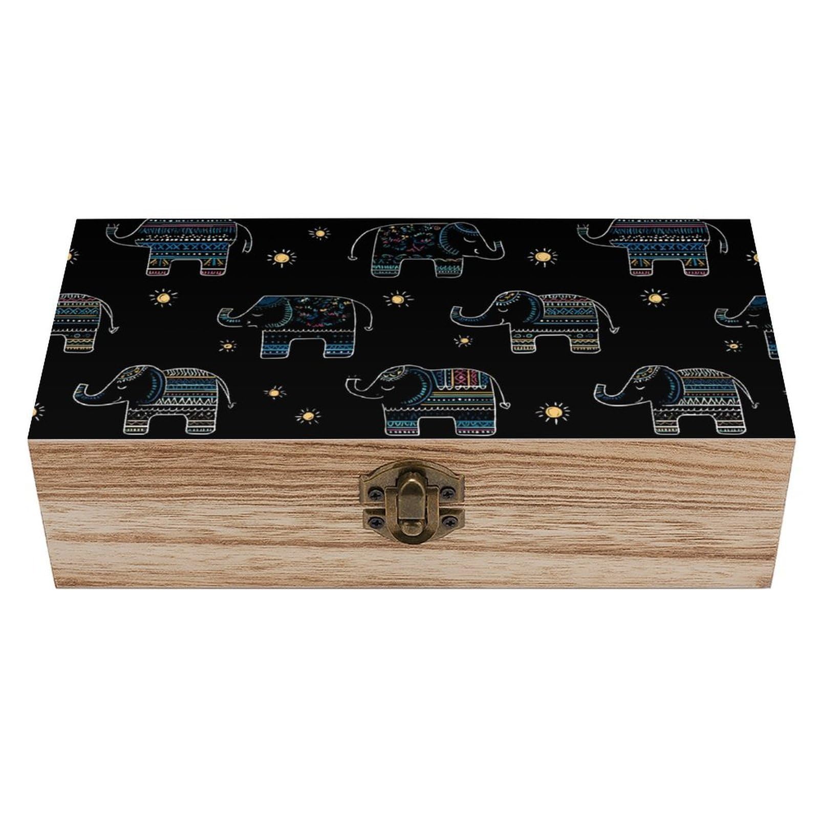 Elephant Wooden Box with Hinged Lid Decorative Storage Case Container