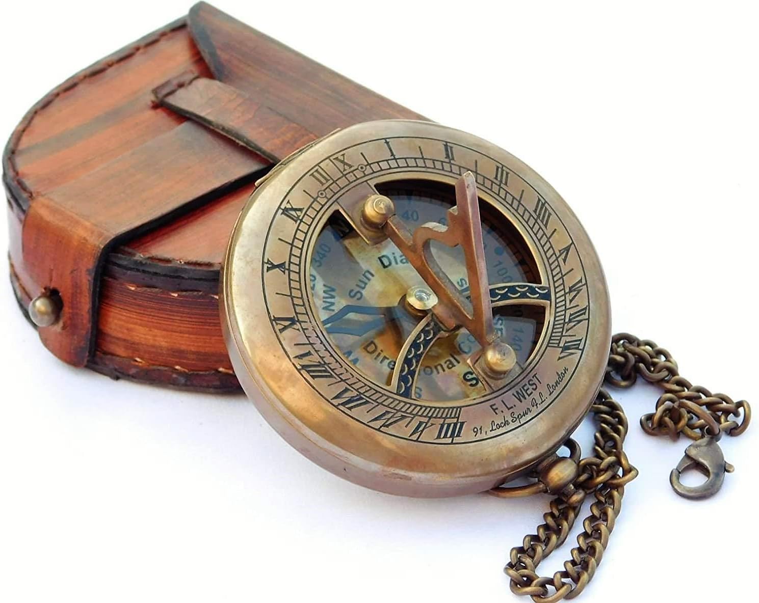 Brass Sundial Compass with Leather Case and Chain - Push Open Compass - Steampunk Accessory - Antiquated Finish - Beautiful Handmade Gift -Sundial Clock