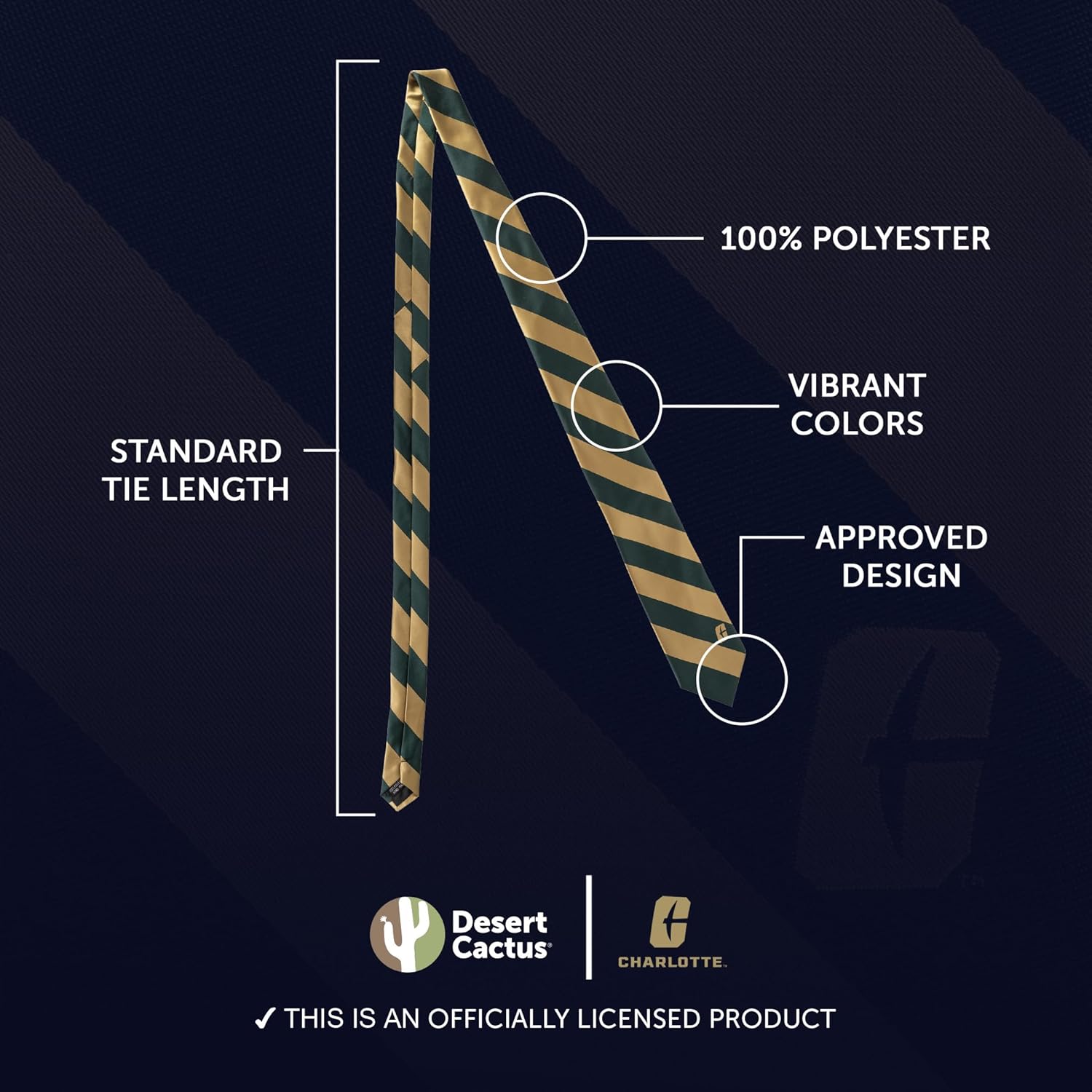 Desert Cactus University of North Carolina - Charlotte Neck Tie UNCCForty Niners 49ers 100% Polyester Necktie with Logo, Officially Licensed (Style A)