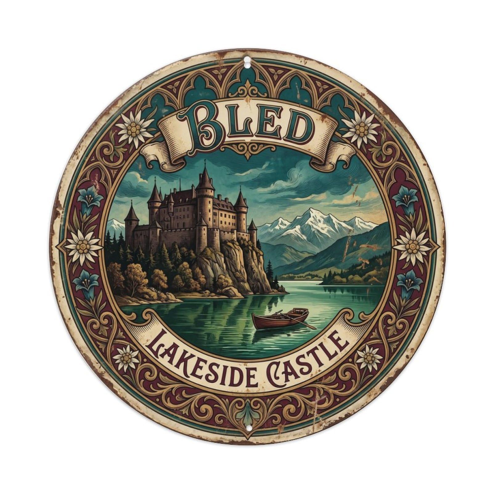 Vintage Travel Bled Slovenia Castle Metal Tin Sign Plaque Wall Decor for Cafe, Club Bar, Office, Home Garden Round Metal Poster 8x8Inch