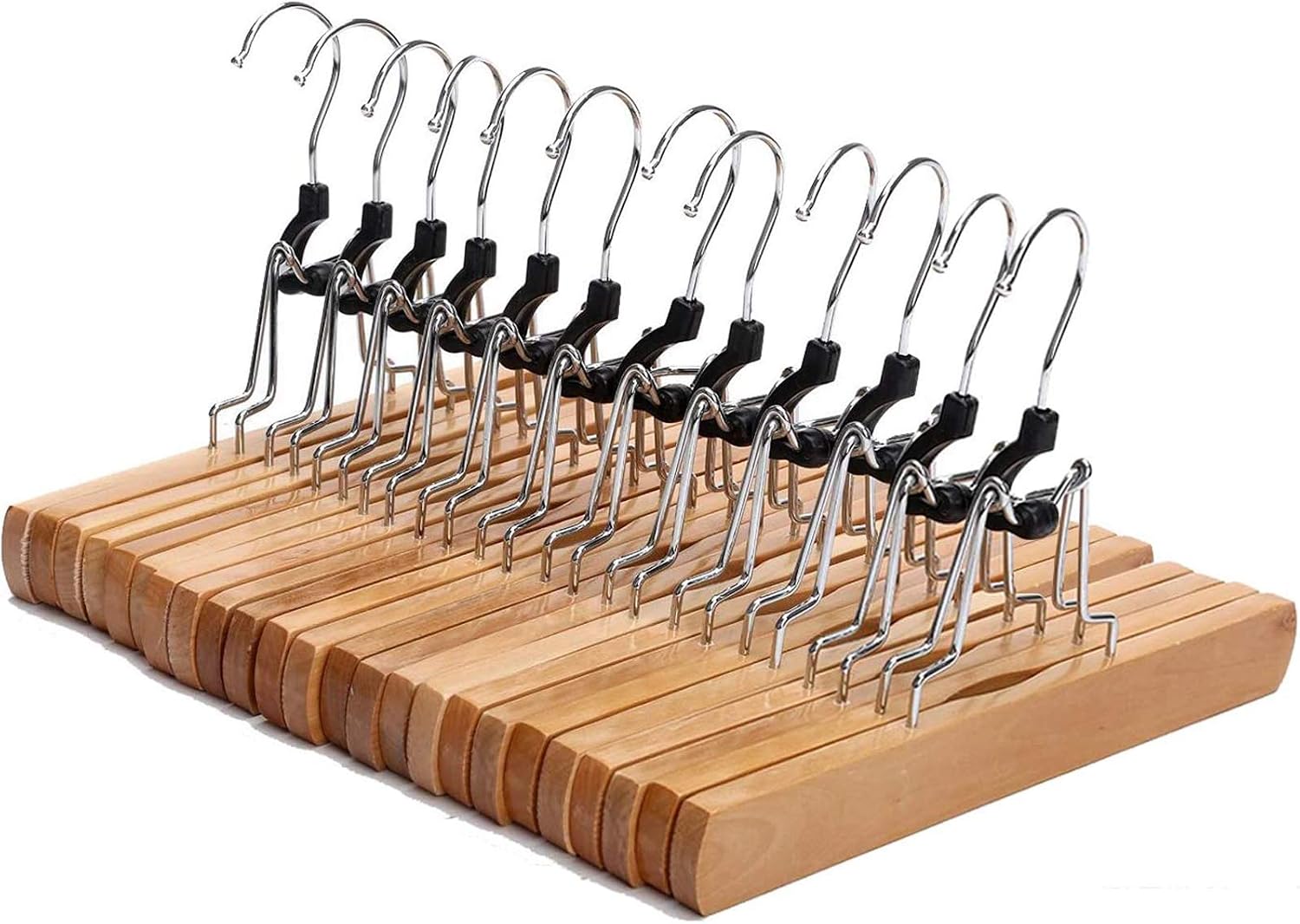 JS HANGER Wood Pants Hangers, 12 Pack Non Slip Wood Skirt Hangers, Smooth Finish Wood Jeans/Slack Hanger with 360° Swivel Hook, Natural Finish