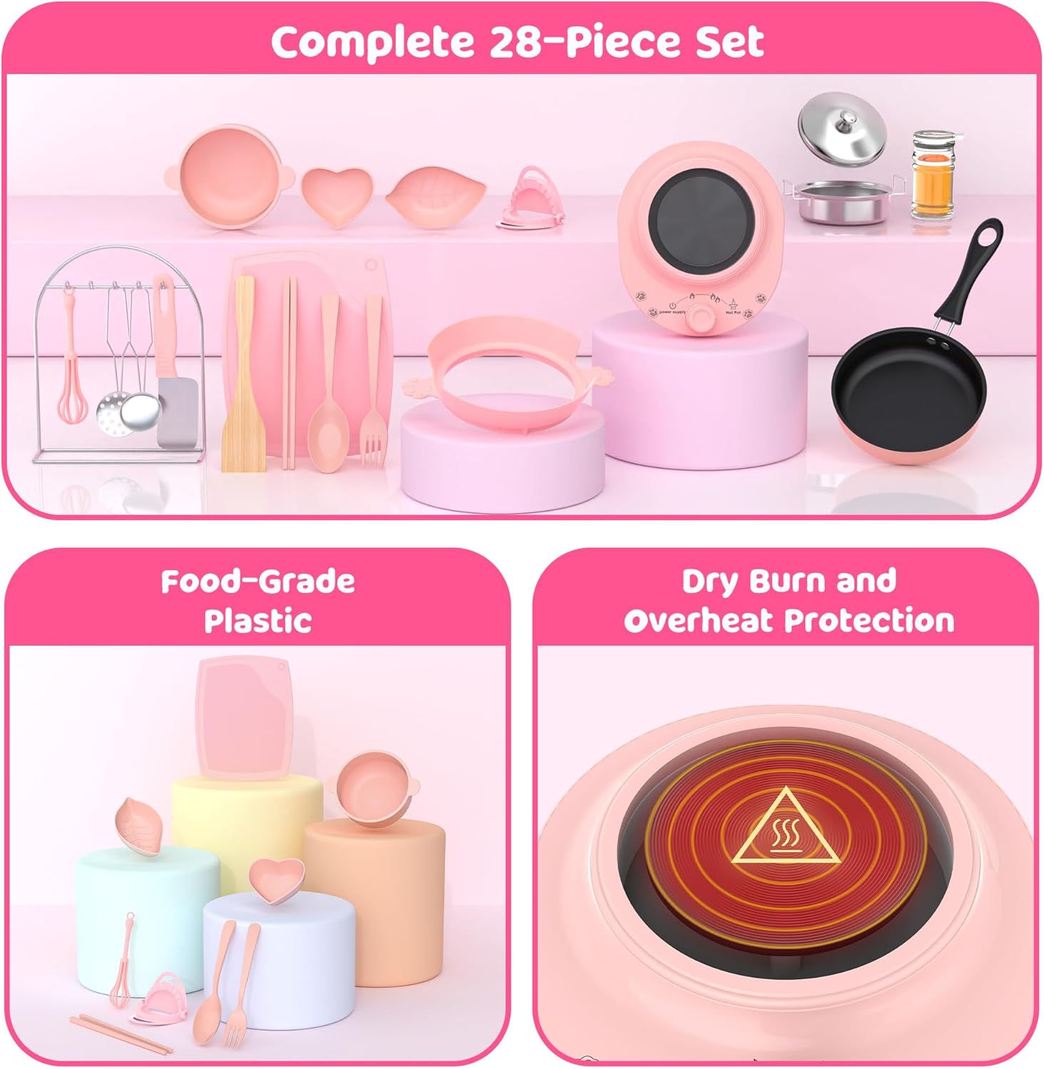 Kids Cooking Set Real for Beginners, 28PCS Mini Kitchen Starter Set with Safe Knife, Easy Cooking Toys for Boys Girls Ages 8-12, Pink