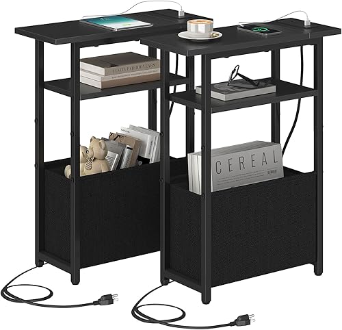 Juego de 2 mesas auxiliares estrechas con estación de carga, mesa auxiliar pequeña para espacios pequeños, juego de 2 mesitas de noche delgadas con