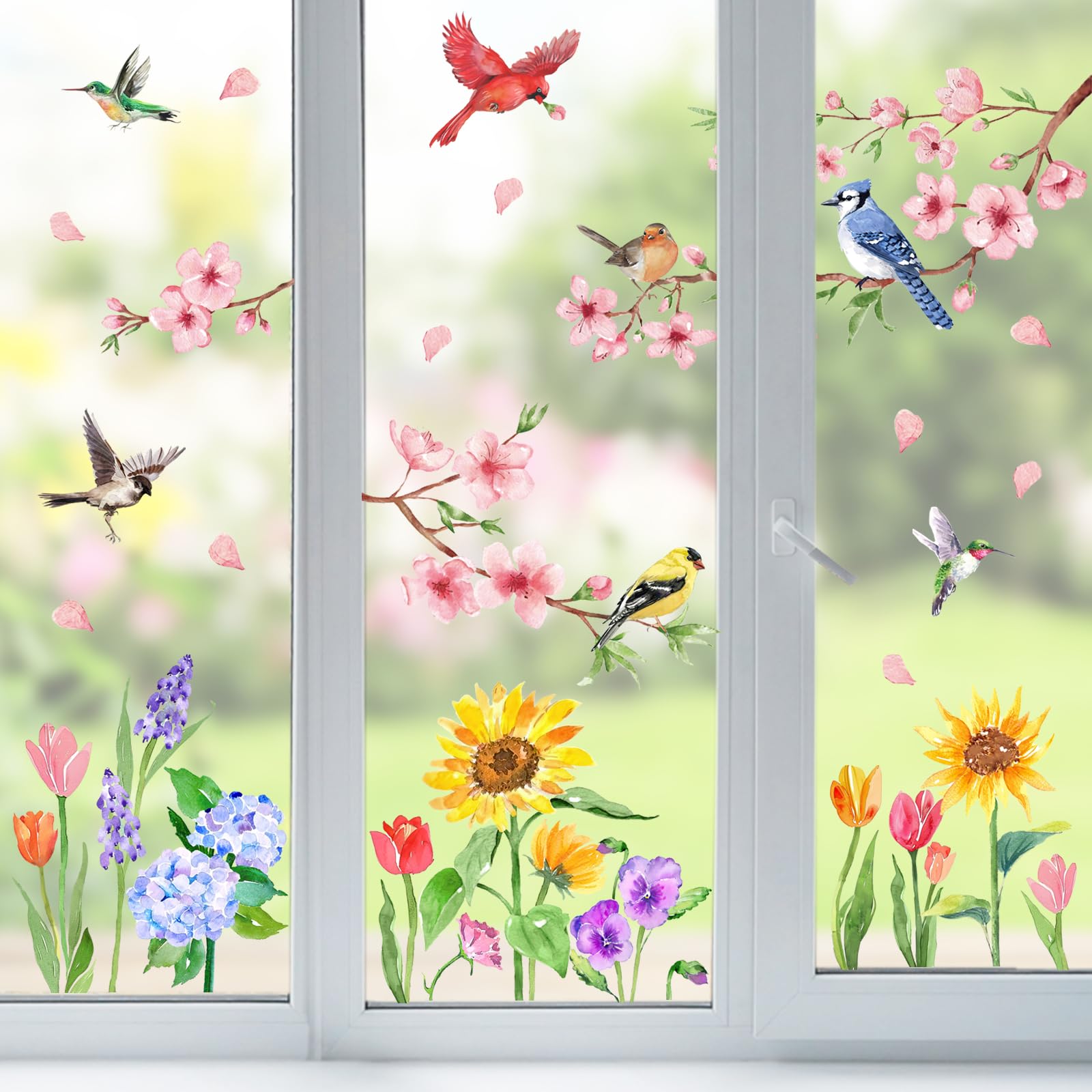 Yovkky Spring Summer Flower Birds Window Clings 4 Sheets, Sunflower Cherry Blossom Tulip Cardinal Blue Jay Hummingbird Stickers Decals Decor, Hydrangea Floral Seasonal Home Kitchen Decorations