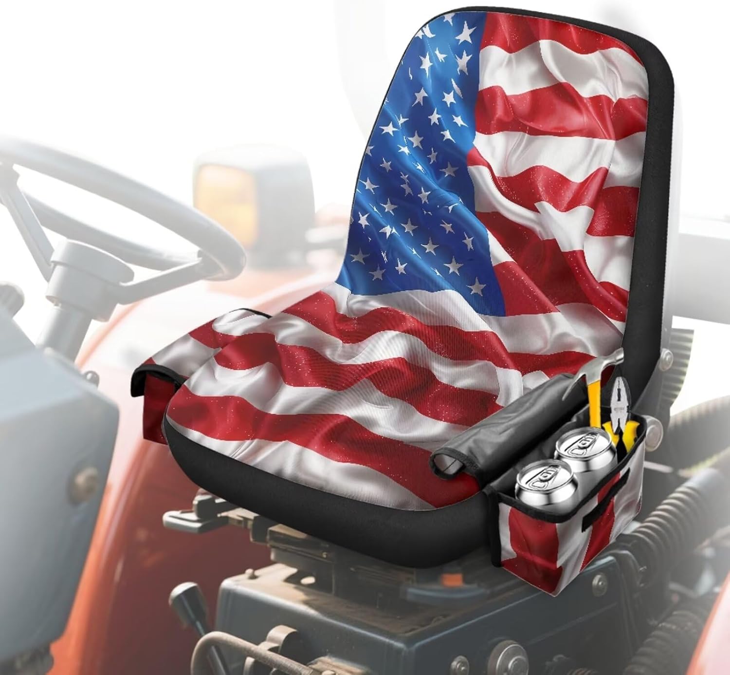 Pensura Riding Lawn Mower Seat Cover with Storage Bags, Weatherproof 3D American Flag Tractor Seat Cover Cushion Suitable for Most Mowers, Forklifts, Tractors, Heat Resistance