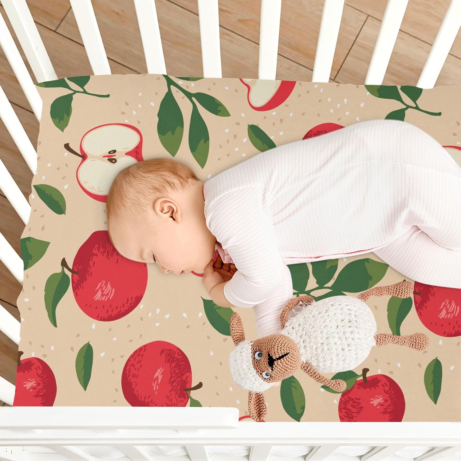 Fitted Crib Sheets Apple with Leaves Stretchy Portable Playard Sheets for Baby Toddler, Breathable Soft Mini Crib Mattress 52 x 28 in for Boys and Girls