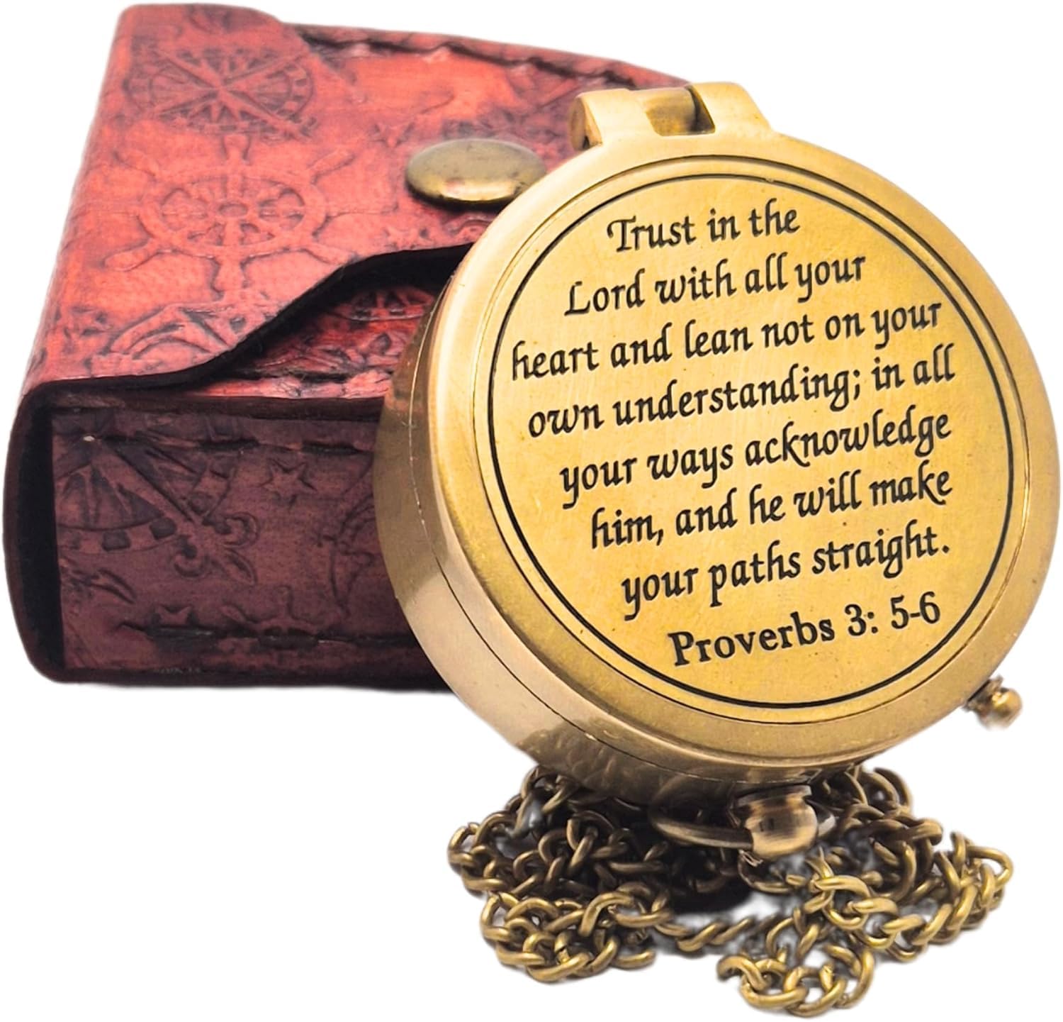 Antique Chain Compass For Hiking Nautical Brass Pocket With Engraved On Leather Case (Trust In The Lord)