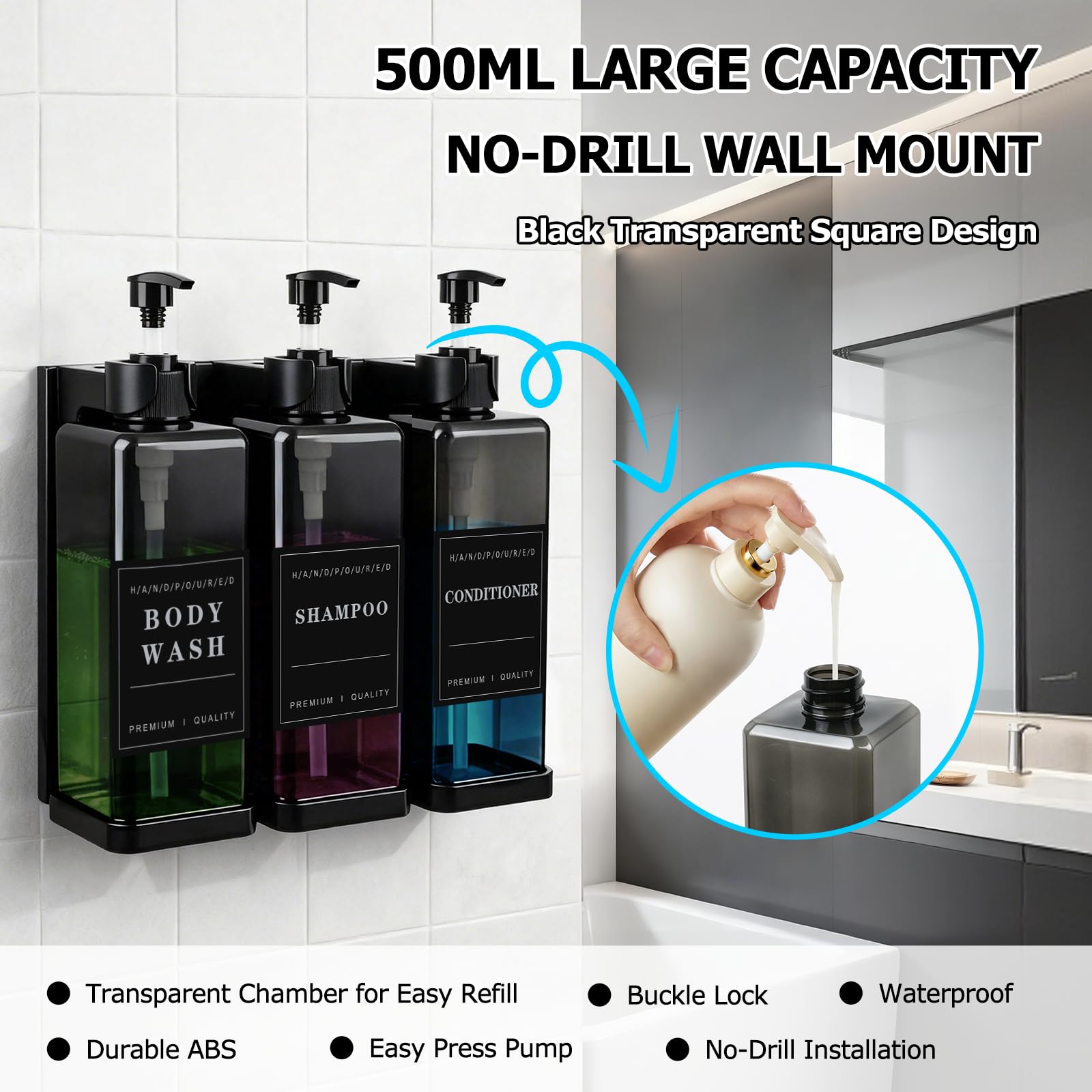 Dispenser Sapone da Muro Senza Forare, 3x500ML Dispenser Sapone Bagno | Dispenser Sapone Doccia, Dispenser Shampoo e Bagnoschiuma, Moderno Dispenser di Liquido Per Bagno Cucina Hotel