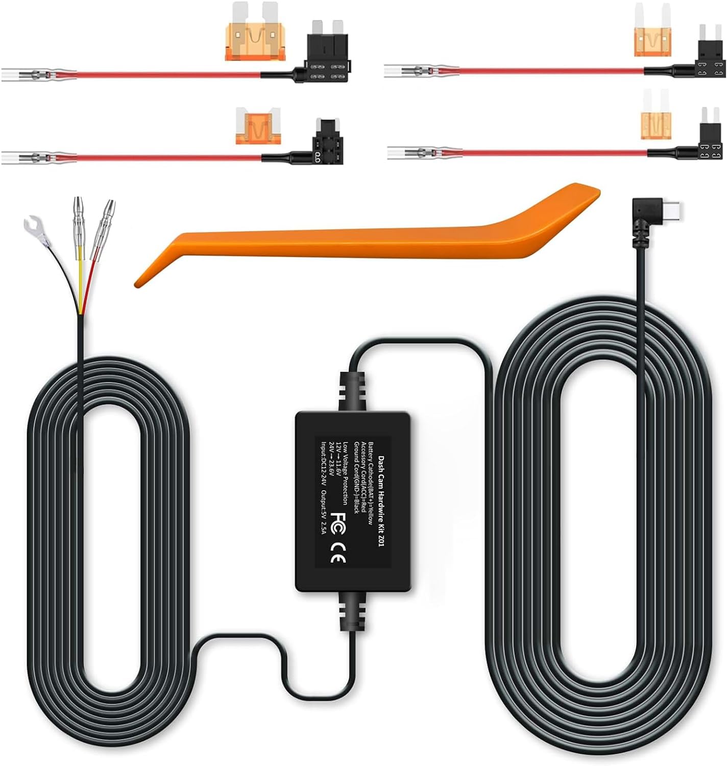 GMAIPOP Type-C Dash Cam Hardwire Kit, 11.5ft Hard Wire Kit for G900, Low-Voltage Protection for Parking Mode, Converts 12V - 24V to 5V/3A,4 Fuses Kit and Installation Tool