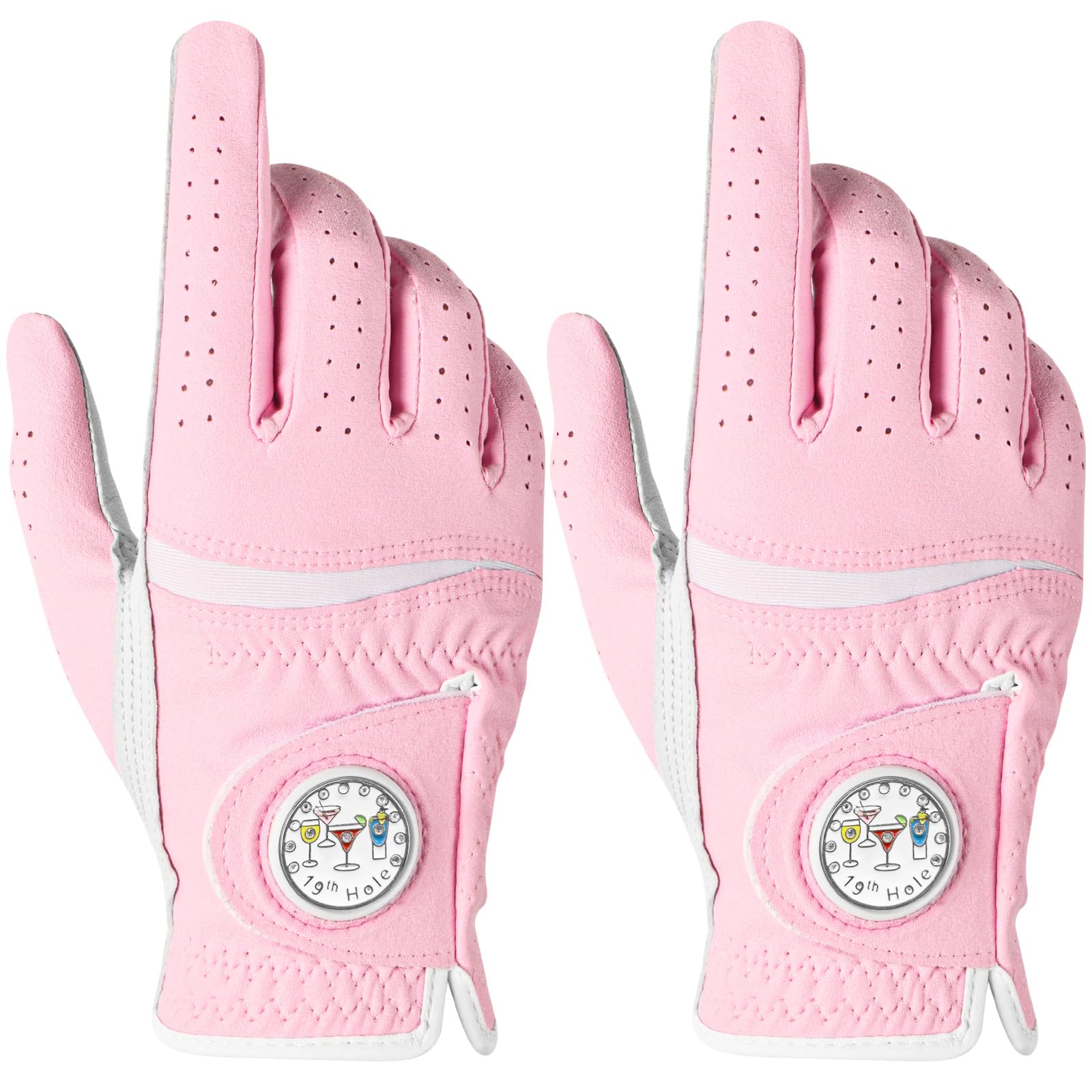 AXKAL Premium Comfortable Women's Golf Gloves with Ball Marker 2 Pack, All Weather Grip Soft Glove for Left Right Handed Golfers, Regular Breathable Fit Gift for Ladys (Pink, XL Right)