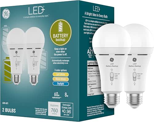 GE LED+ Backup Battery LED Light Bulbs, A21 Rechargeable Light
