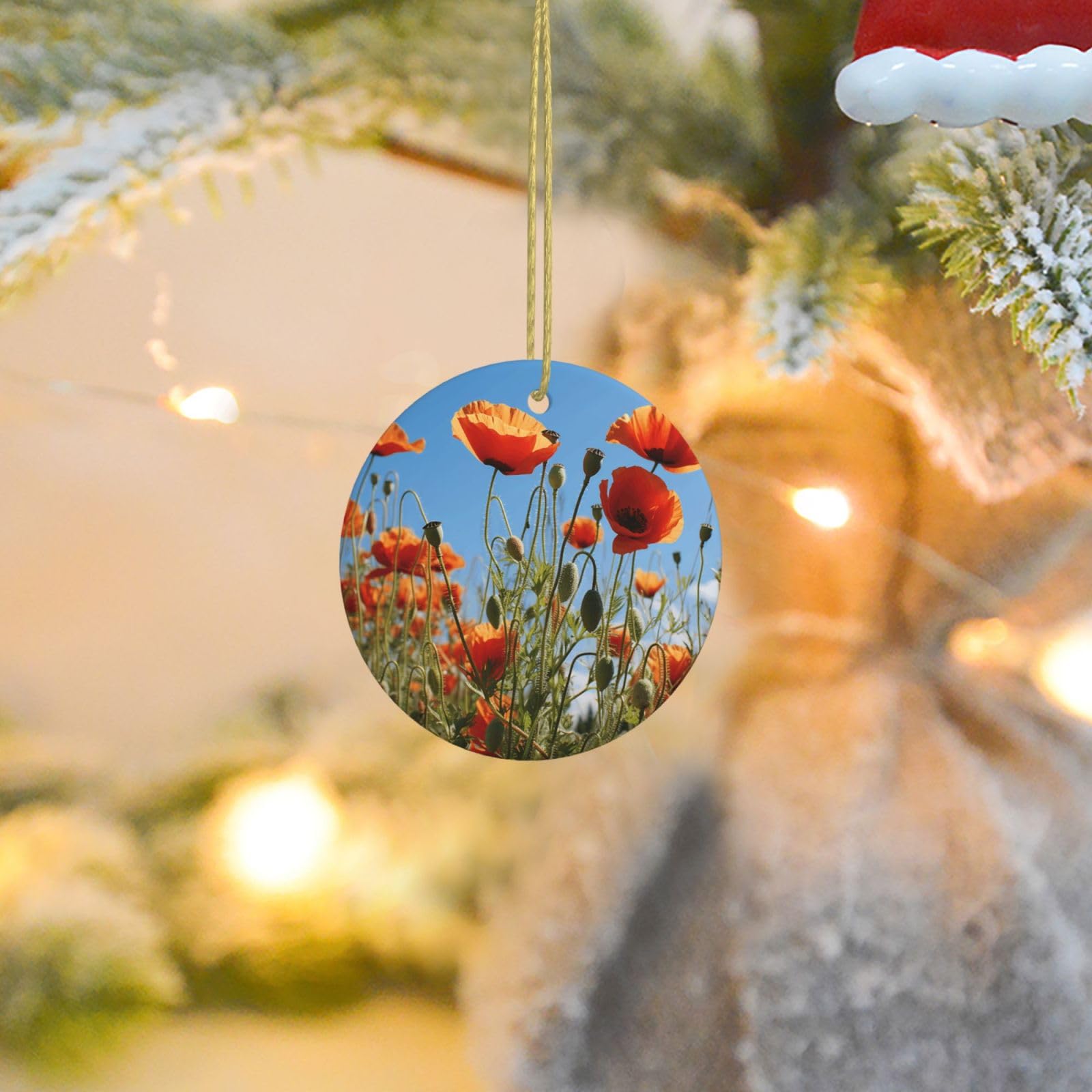 Christmas Ornaments for Christmas Tree Decoration Ceramic Hanging Poppies on Blue Sky Ornament with Gold Ribbon Crafts Round Pendant for Keepsake Gifts Glass Xmas Decor Party Supplies