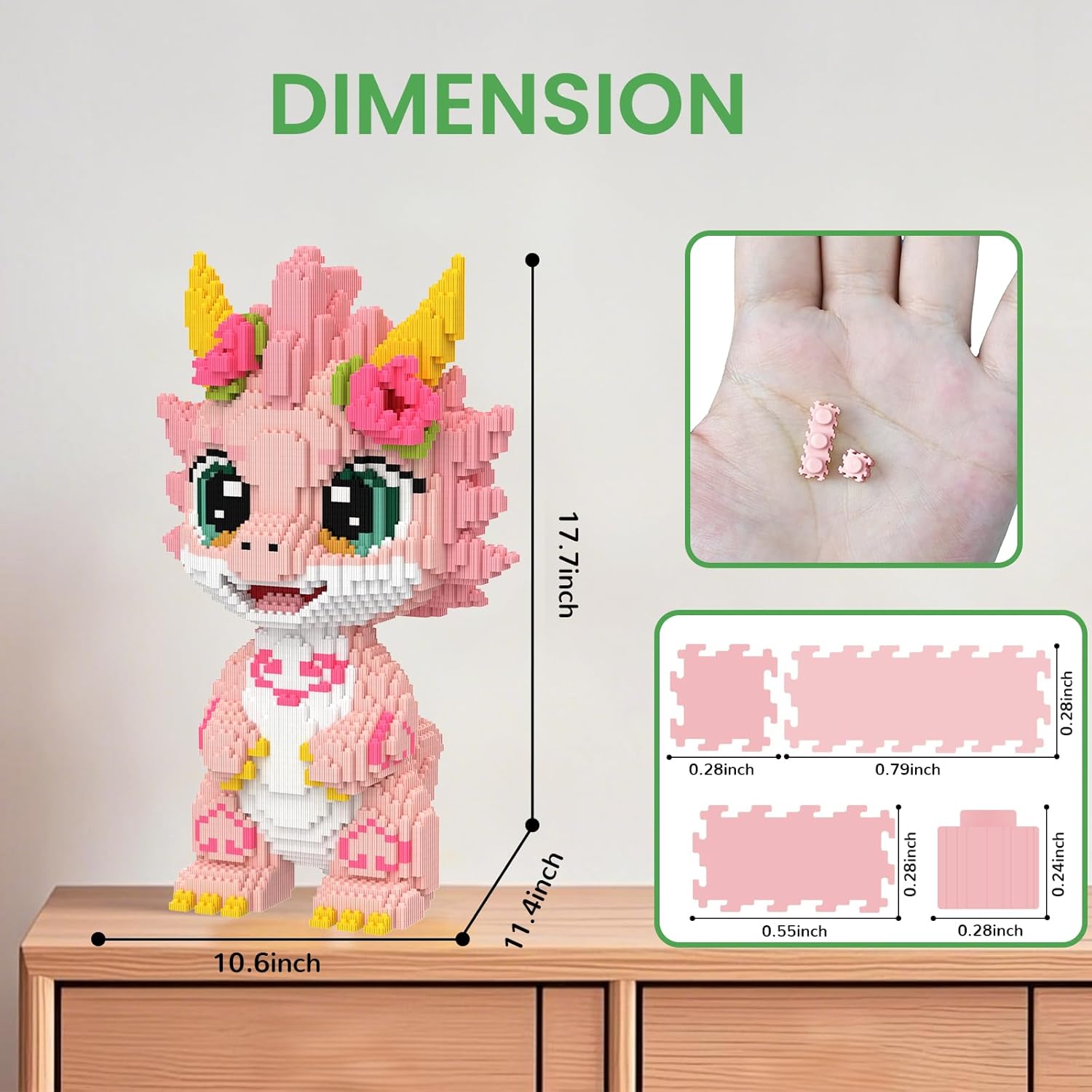 Diagram, der viser dimensionerne af den samlede Blossom Dragon-model