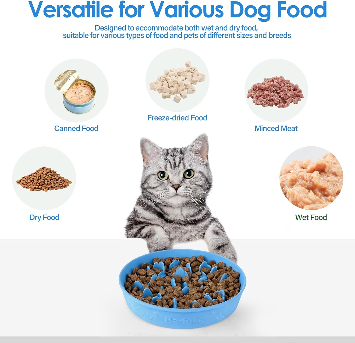 Detachable Slow Feeder Cat Bowl, Silicone Elevated Cat Bowls for Dry and Wet Food, Non-Slip Small Dogs Slow Feeders Bowl for Digestion Anti Vomit, Whisker Friendly (Blue)