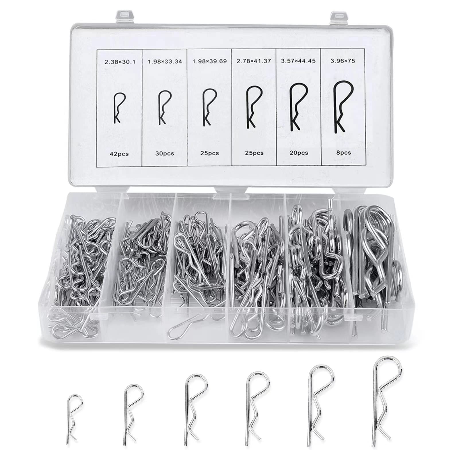 boatseaHair Pin R Clips Assortment Kit, 150PCS 6 Sizes Zinc Plated Spring Steel Cotter Pins Fastener Assortment Kit, Retaining Hair Pin for use on Hitch Pin Lock System