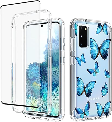 Funda para Galaxy S20 5G, SM-G981U con protector de pantalla de vidrio templado, bonito patrón de mariposa transparente de cuerpo completo, funda