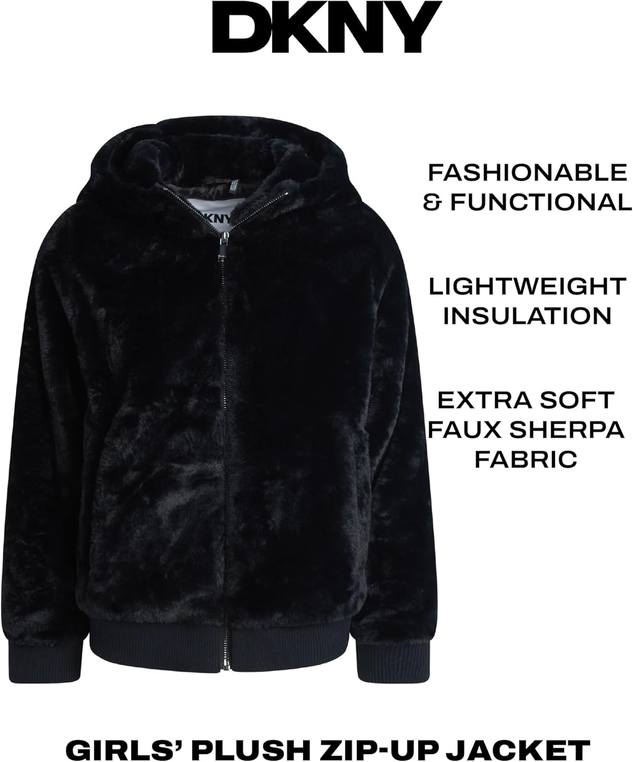 DKNY Girls Fleece Jacket - Lightweight Soft Faux Fur Sherpa Plush Zip Up Winter Coat - Hooded Fleece Bomber Jacket for Girls - Image 3