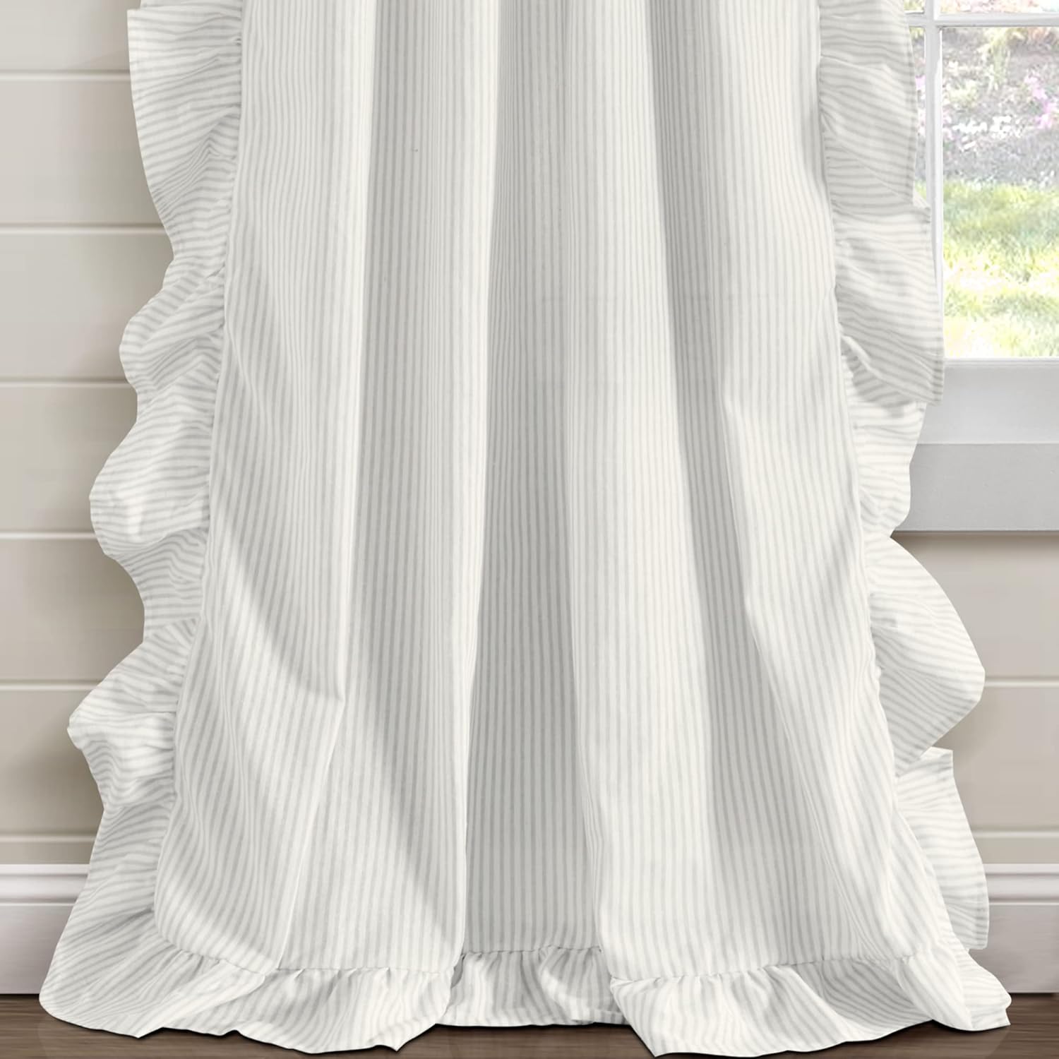 Lush Decor Farmhouse Reyna Ruffle Window Curtain Panel Pair, 52" W x 84" L, Light Gray