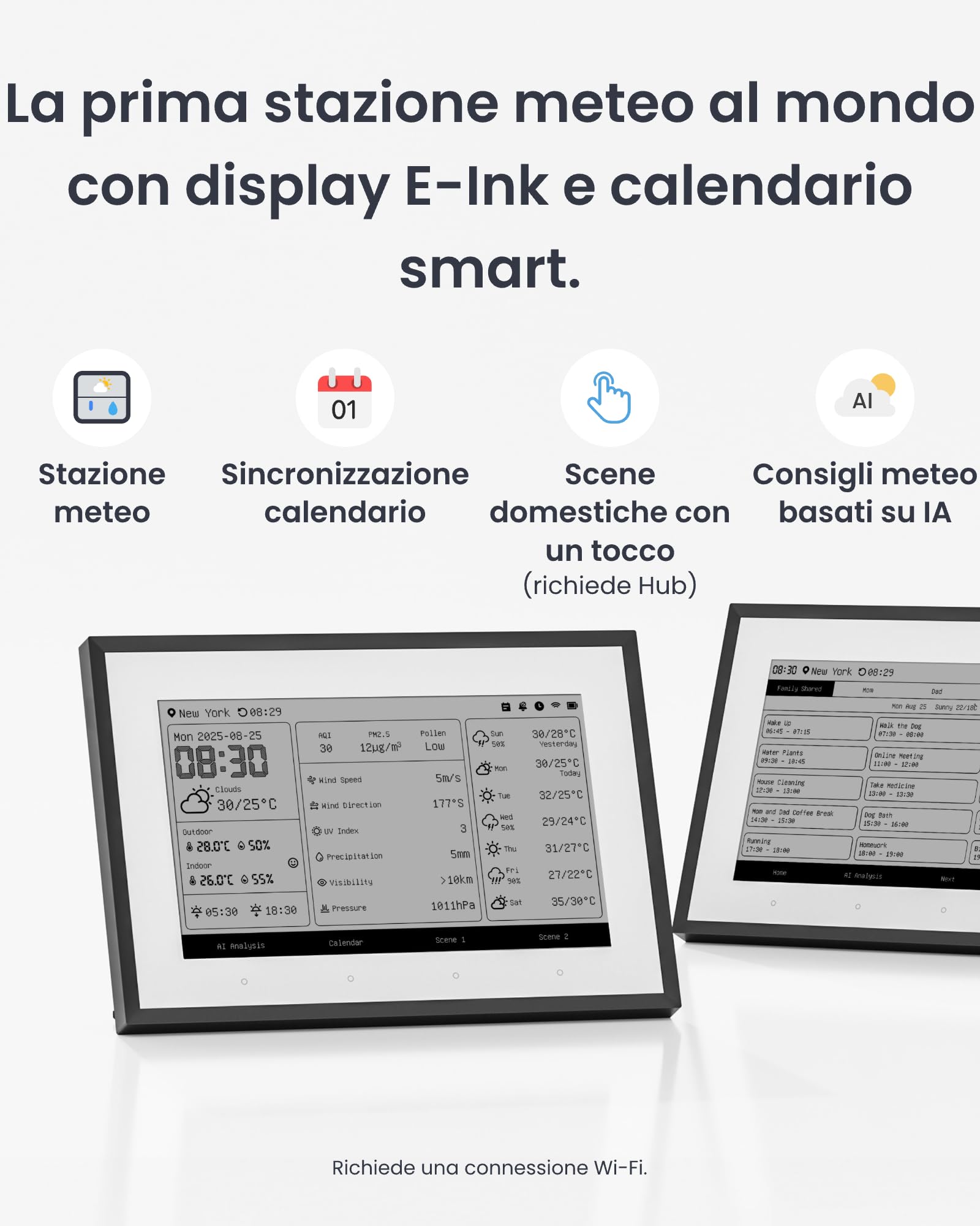 SwitchBot Stazione meteo intelligente, monitor wireless da 7,5", per temperatura interna/esterna e umidità con calendario elettronico, compatibile con Google, iCloud, Outlook, Yahoo