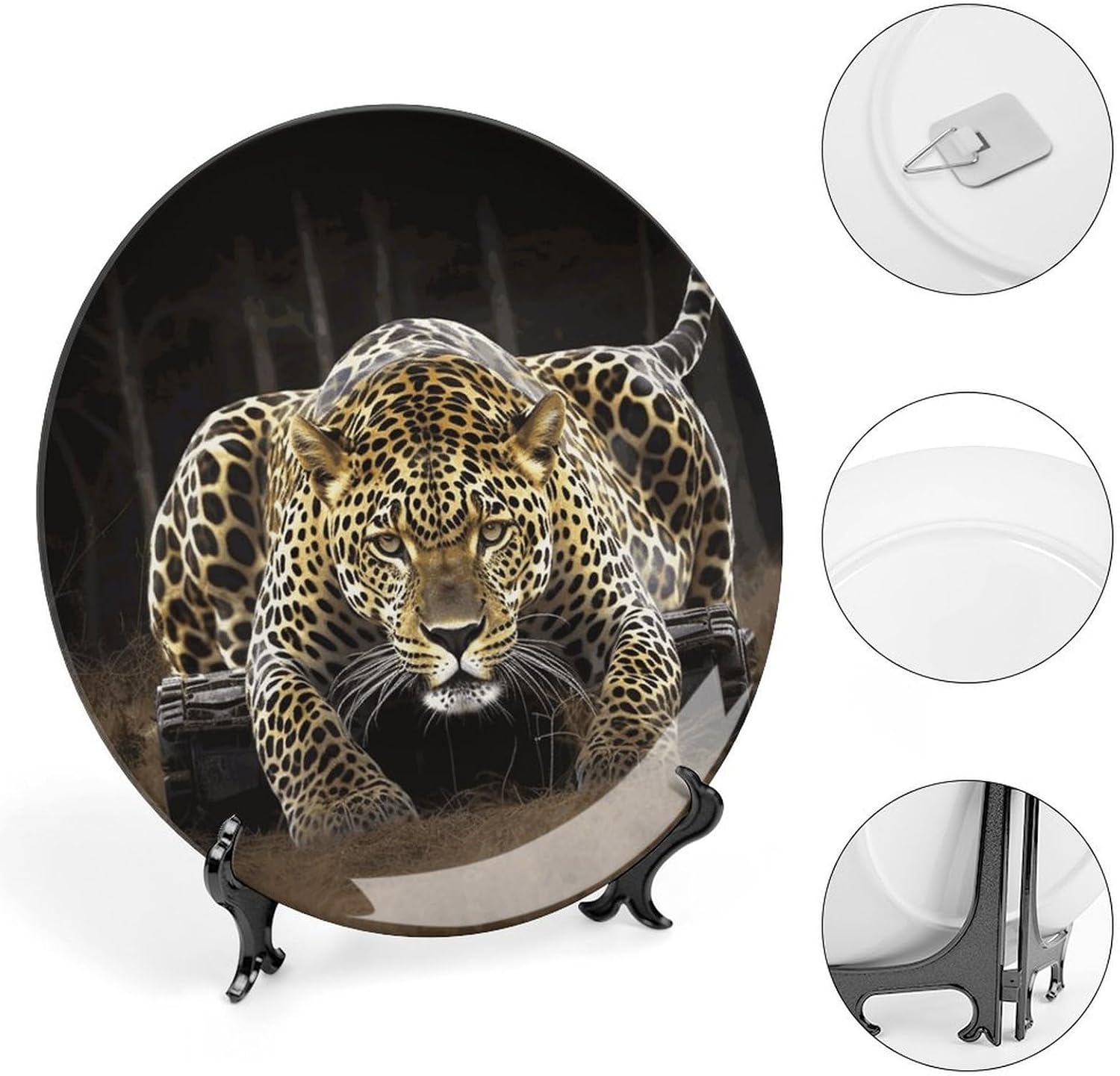 Leopard2 Decorative Plates for Display Round Porcelain Plate Living Room Table Ceramic Hanging Decorative Plate Art Decor for Living Room Table with 1 Display Stand 8inch