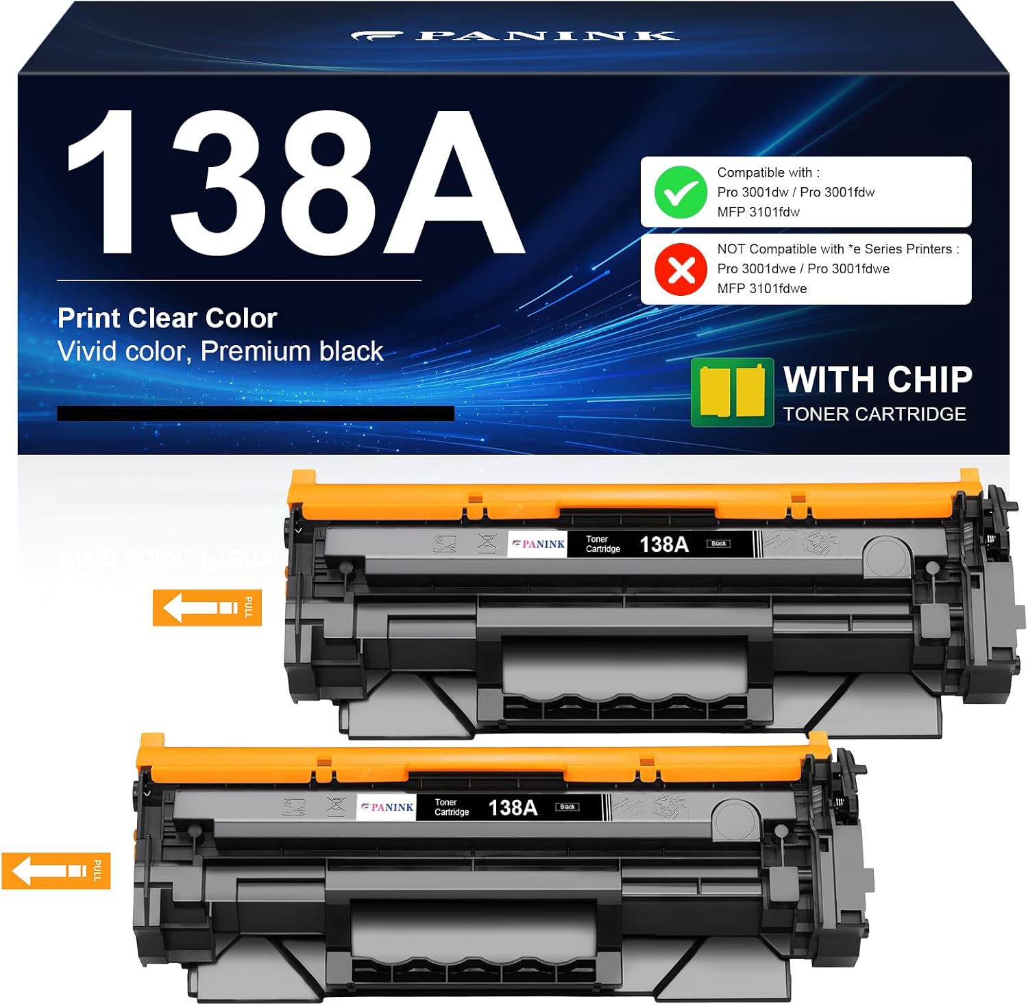138A Black Toner Cartridge Replacement for HP 138A W1380A 138X W1380X Black Toner Cartridge Compatible with HP Pro 3001dw 3001fdw MFP 3101fdw Printer - with Chip,2 Pack