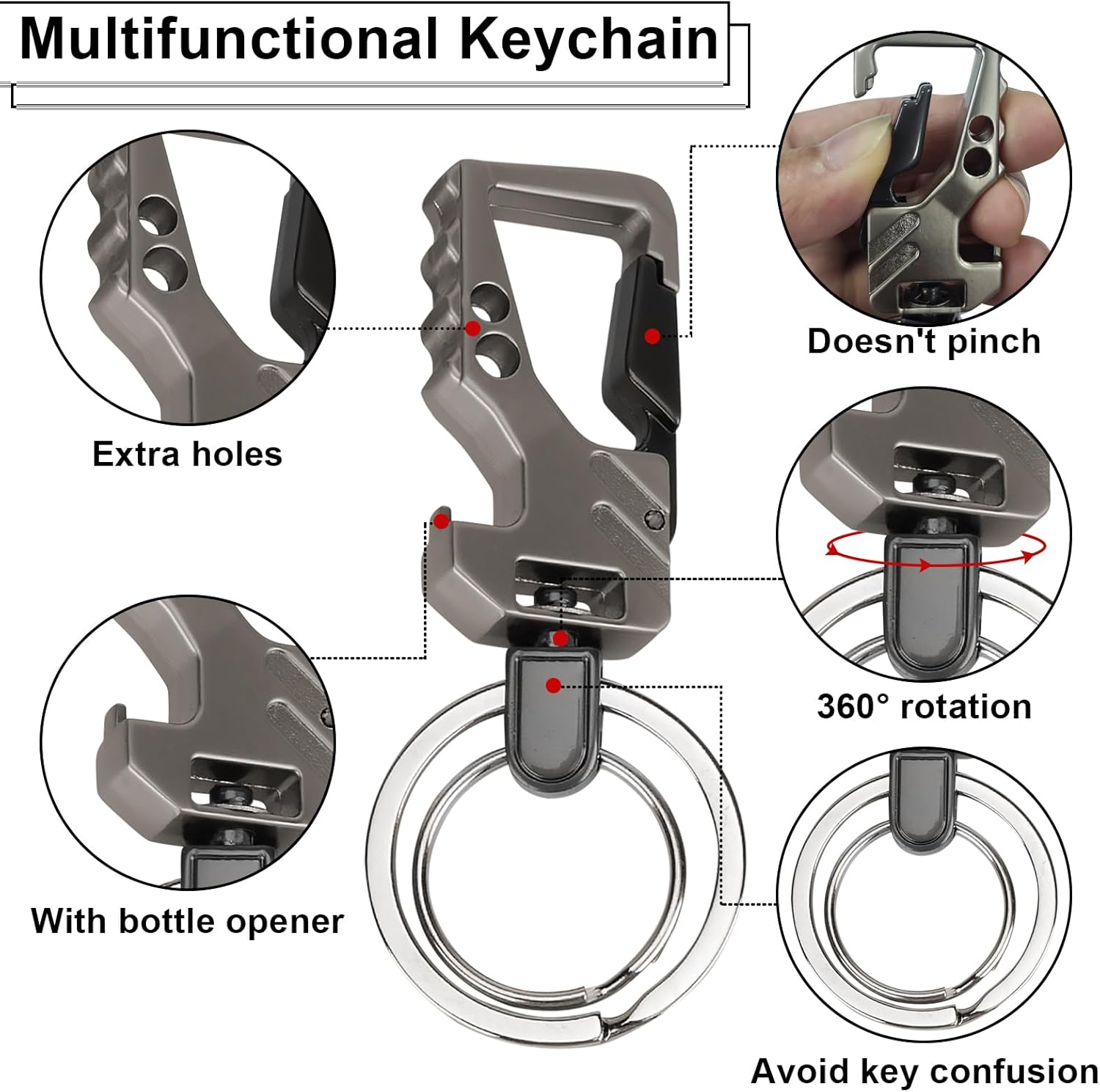 ecocstm 2 PCS Key Chain, Carabiner Clip Car Key Chains, Car Accessories Heavy Duty Tactical Key Chain with Bottle Opener and 2 Key Rings for Men and Women (Black and Silve)
