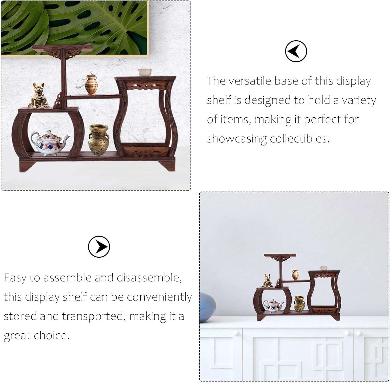 Wooden Display Stand with Multiple Layers and Versatile Base, Unique and Elegant Appearance with Intricate Carving, Conveniently Transported Collection Organizer Rack for Home