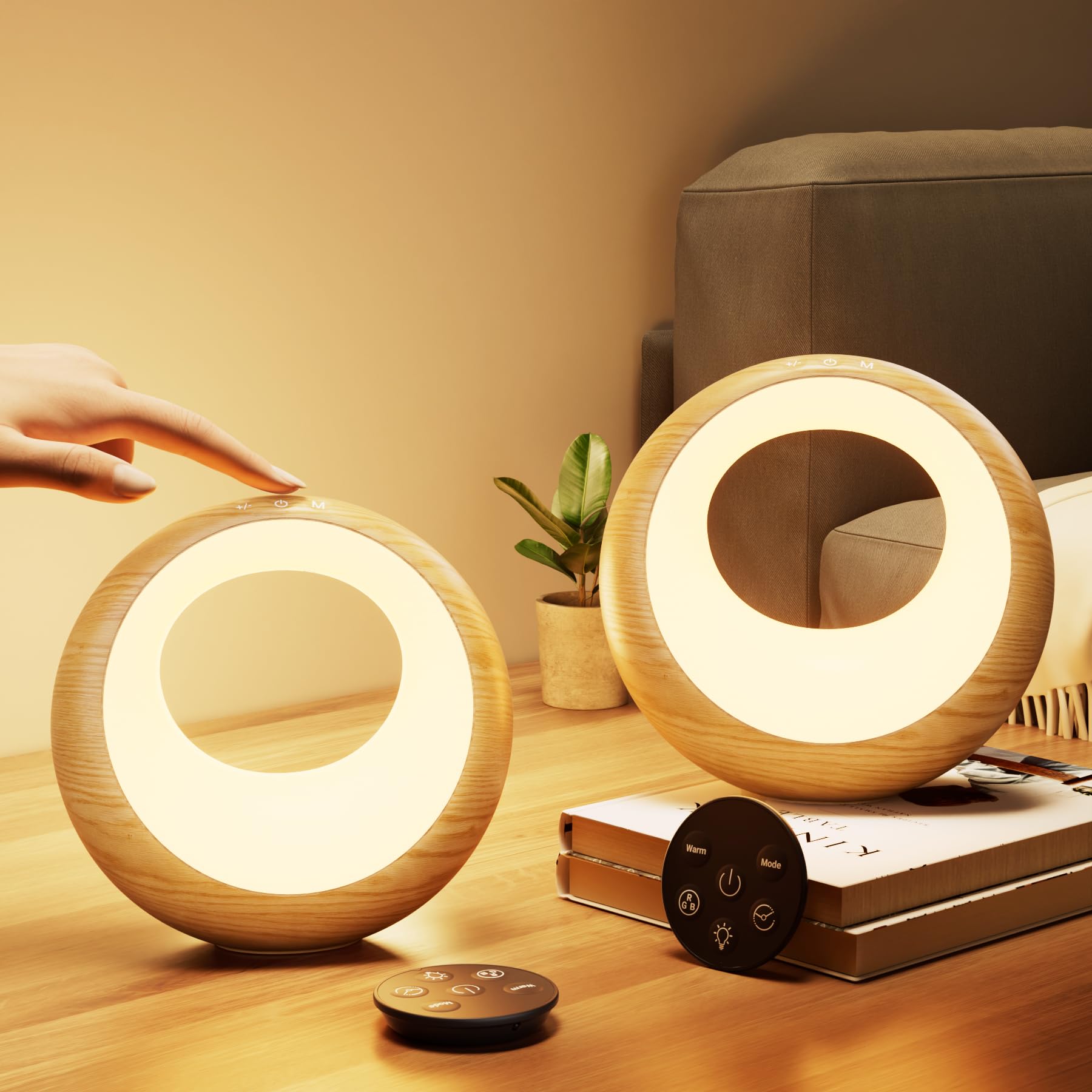 Bonsery Set di 2 lampade da comodino con telecomando e touch, dimmibili, rotonde, cambio colore e 9 modalità, batteria USB, luce notturna bianca calda, memoria e timer