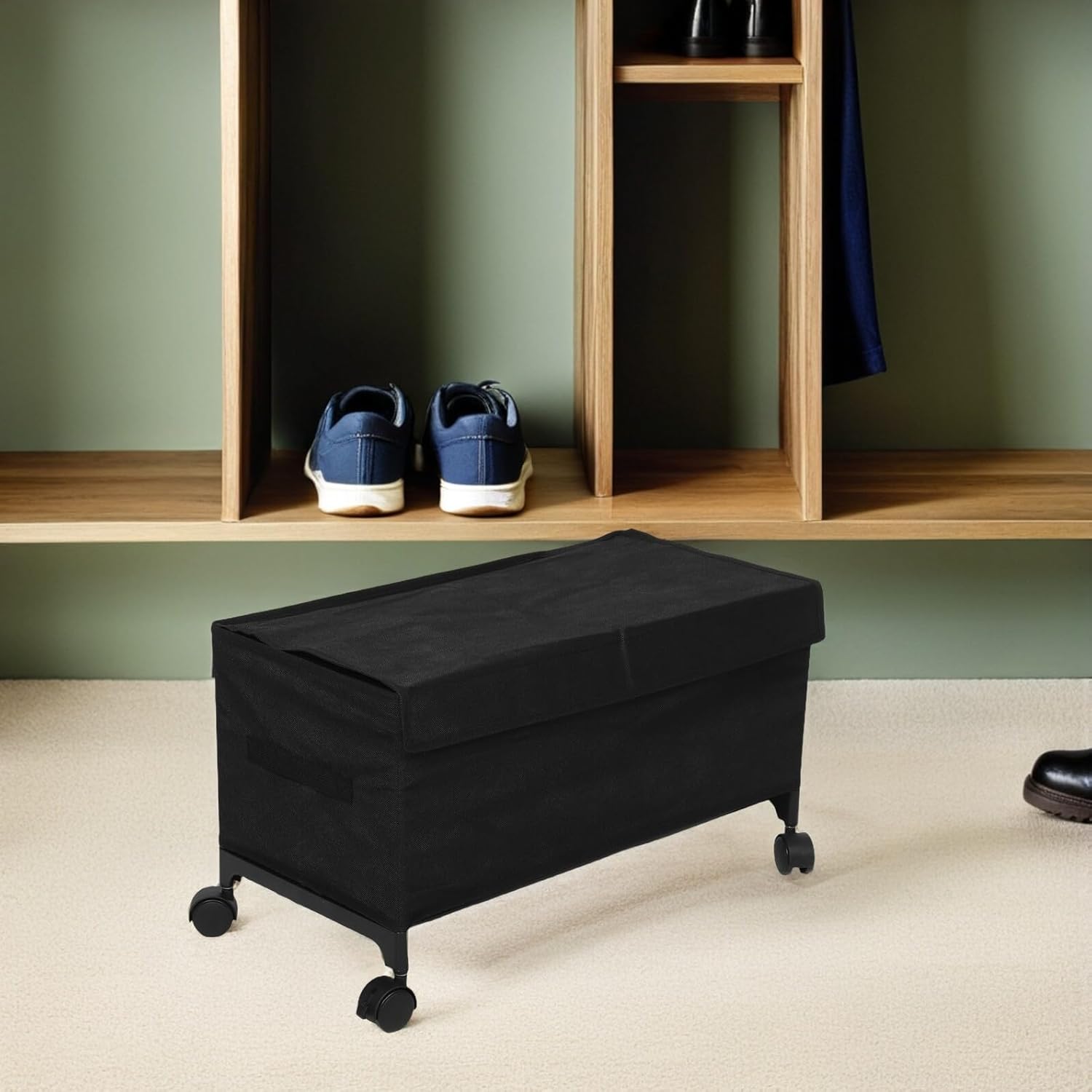 PRETYZOOM Underbed Storage Container with Wheels and Lid, 30cm High X 57cm Long Rolling Organizer Bin for Clothes and Shoes, Black Vintage Design for Bedroom and Closet Storage