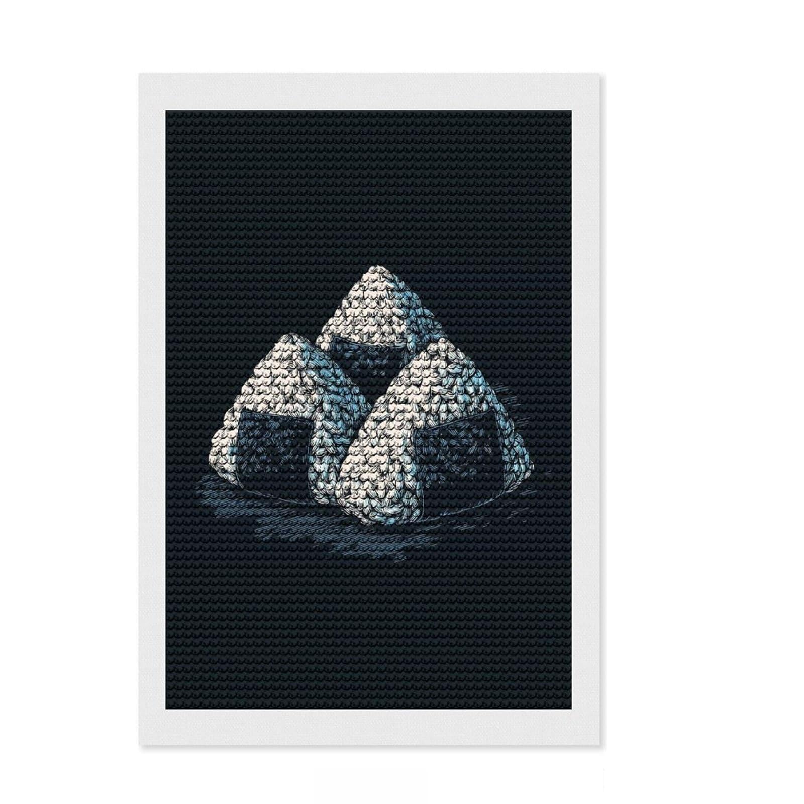 Junmoney Three Onigiri Illustration on Dark Background Diamond Style Art Kit 8"x12", Home Decoration, with Tool Kit, Decor Project, Aesthetic Room Decor