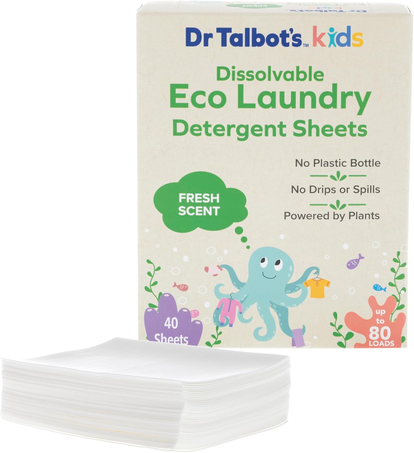 Dr. Talbot’s Kids Eco Laundry Detergent Sheets – Fresh Scent, Gentle on Skin, Plant-Based, Biodegradable, No Harsh Additives, Dissolvable for Standard & HE Machines, 40 Sheets (Up to 80 Loads)