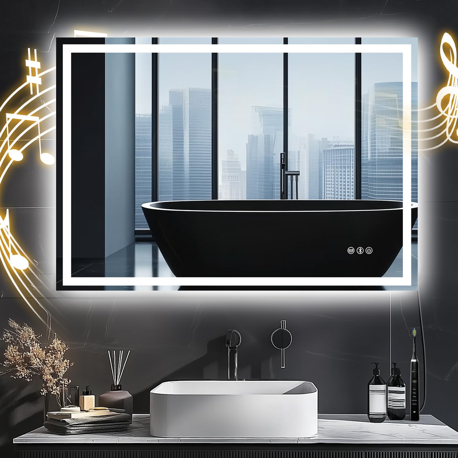 Trintion Badspiegel mit Beleuchtung 100x70cm, Wandspiegel mit LED-Beleuchtung, Entfoggen-Funktion, Bluetooth, 3 Farbtemperaturen, IP54-Schutz, Speicherfunktion
