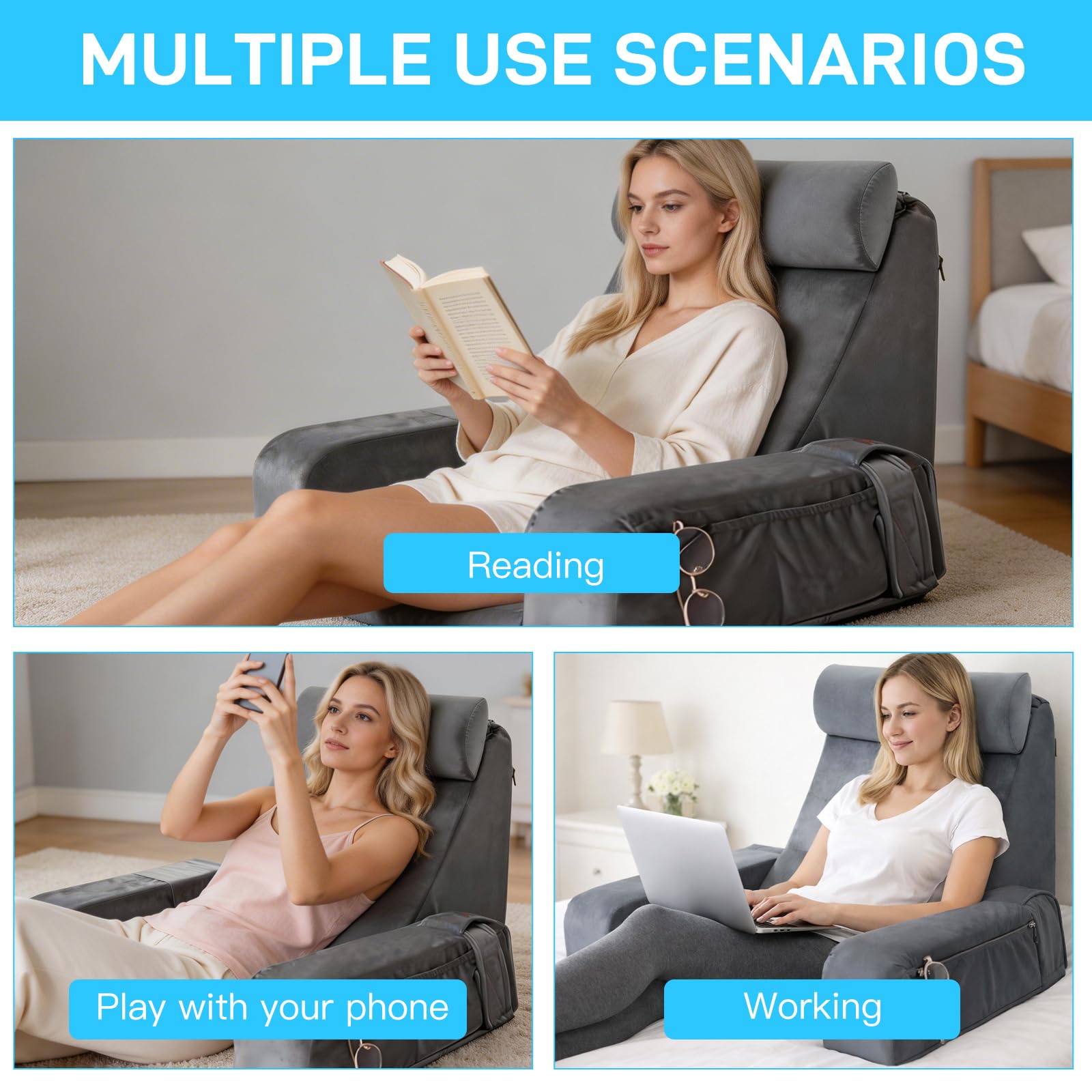 Bocguy Cojín de Lectura para Adultos，Cojín de Respaldo Suave para Lectura y Descanso - Comodidad Total en Cama o Sofá con Soporte Lumbar y Bolsillo para Guardar tu Teléfono y Mando