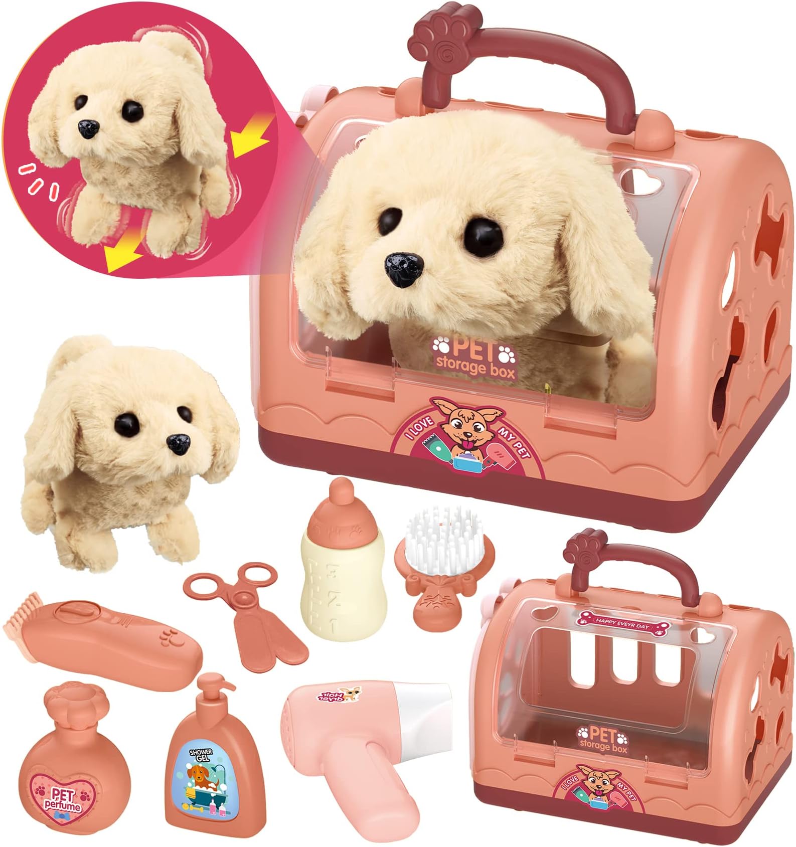 – Toy Dogs for Kids Pet Care Role Play Set Robot Dog Toys Grooming Vet Set Kids with Electric Plush Walks Barks Dog & Carrier Pretend Play Xmas Toys Gifts for 3 4 5 6 7 8 Years Old Girls Boys