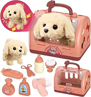 TEUVO Pet Care Play Set Robot Dog Toys for Kids 12Pcs Poppy Dog Toy Pet Walk Grooming Vet Toys Set with Interactive Electric Dog Plush & Cage Pretend Play Gifts for Girls Toddlers 3 4 5 6 7 8 Year Old