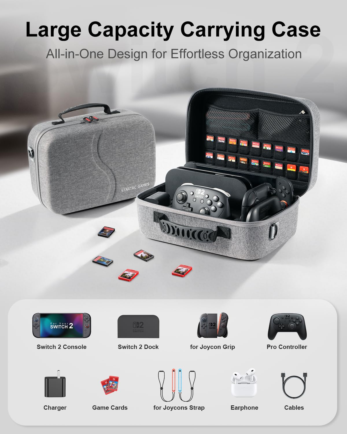 [Upgraded Compact]Carrying Case for Nintendo Switch 2 All in One Case with Dock, Hard Shell Portable Travel Carry Bag for Switch 2, Pro Controller, 18 Game Cards and Other Accessories (Grey) - Image 3