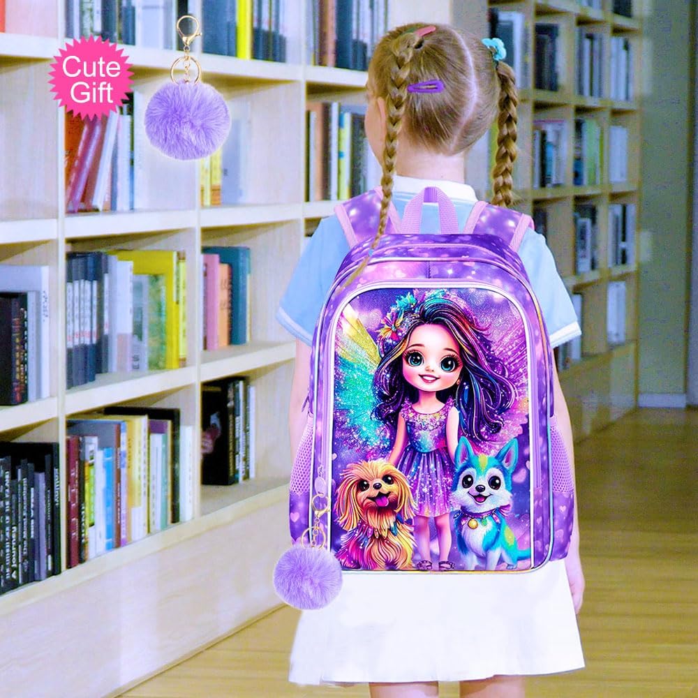 16" Dog Backpack for Girls, 3Pcs Kids Backpacks with Lunch Box, School Bookbag for Elementary Preschool Kindergarten (Purple)