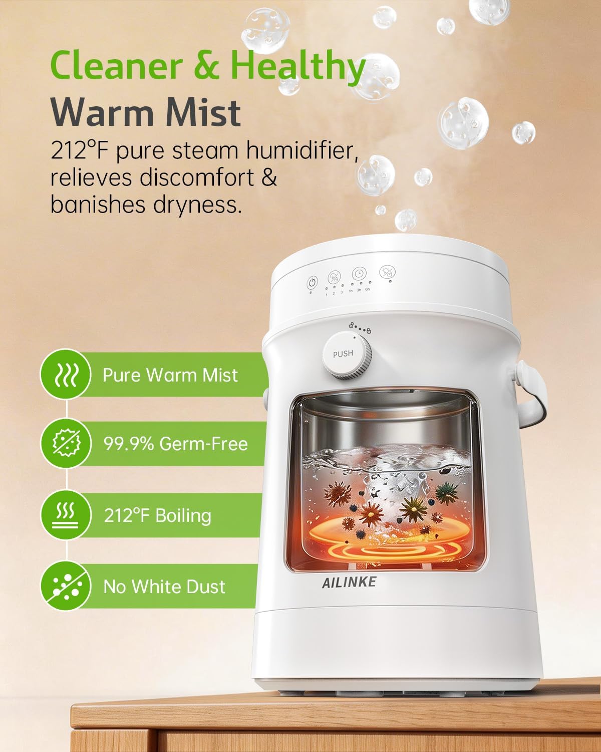 Stainless Steel Humidifier for Bedroom, Warm Mist Steam Humidifier 4L with Self-Cleaning Mode, Easy Clean Dishwasher Safe Humidifiers for Large room Living Room Home Office, Tip-Over Protection, White
